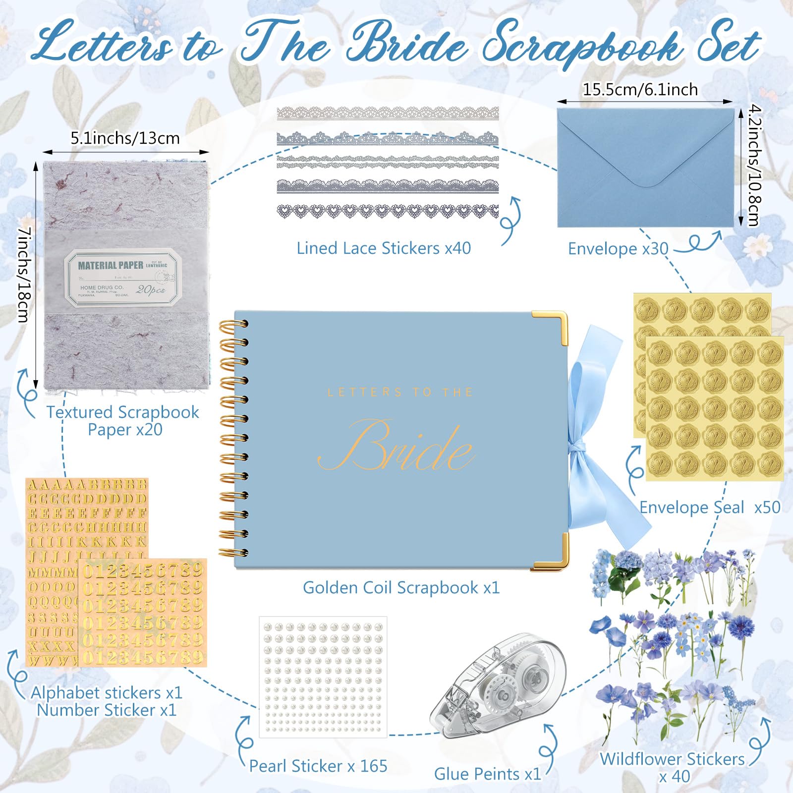 Album de scrapbooking « Letters to Bride », 21,6 x 17,8 cm, classique, bleu | Livre d'or de mariage avec enveloppes, souvenir de enterrement de vie de jeune fille, scrapbooking vierge