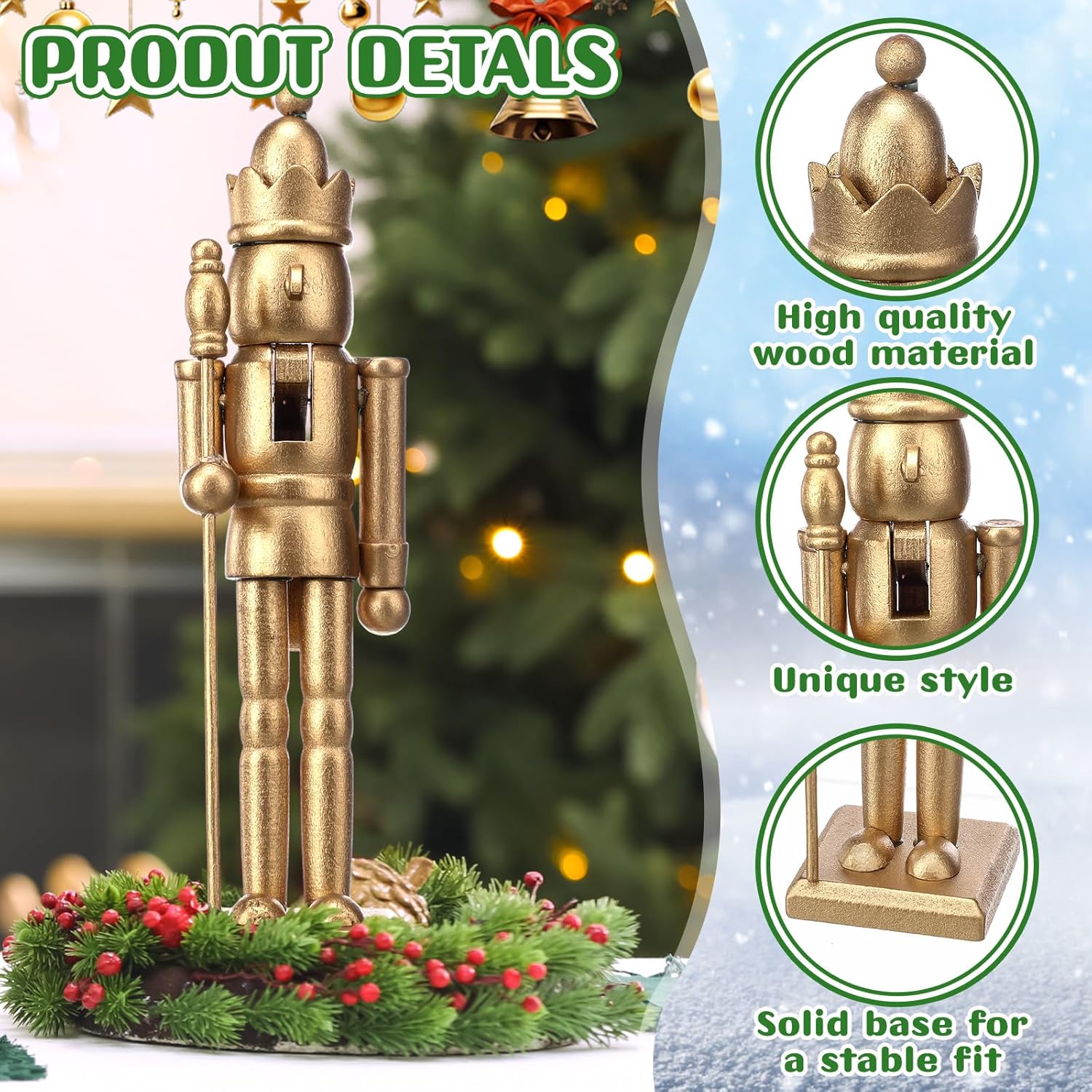 Roowest Christmas Nutcracker Figure 7 Inch Gold Wooden Doll Decoration Set Including Nutcracker with King Shape and White Beard for DIY Crafts Christmas Decorations(4 Pcs)