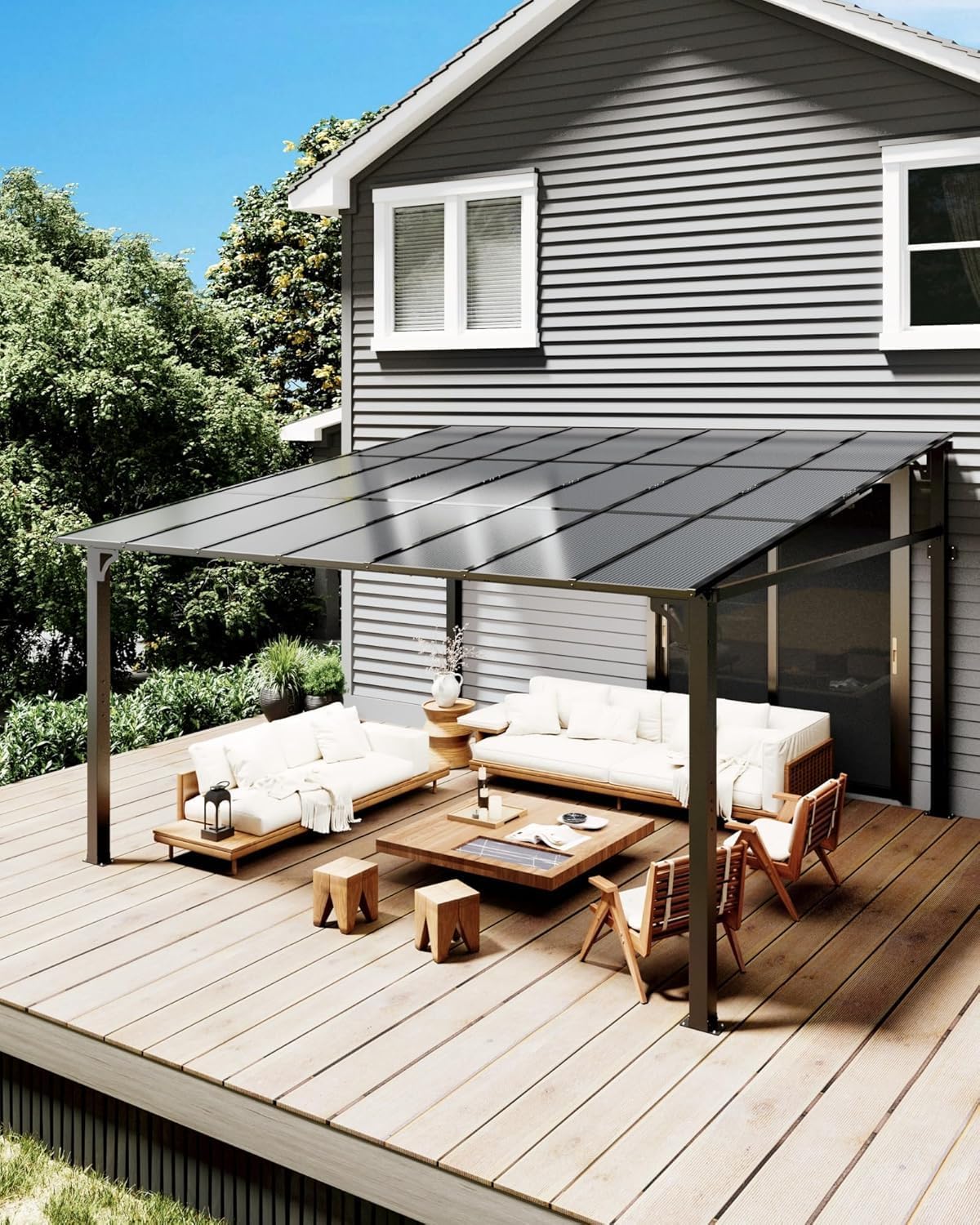 12x14FT Lean to Gazebo, Heavy-Duty Wall-Attached Gazebo with Aluminum Frame, Hardtop Metal Pergola with 6mm Anti-UV Polycarbonate Roof, Outdoor Patio Cover for Deck, Yard, Party