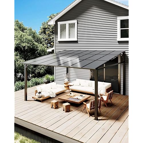 12x14FT Lean to Gazebo, Heavy-Duty Wall-Attached Gazebo with Aluminum Frame, Hardtop Metal Pergola with 6mm Anti-UV Polycarbonate Roof, Outdoor Patio Cover for Deck, Yard, Party