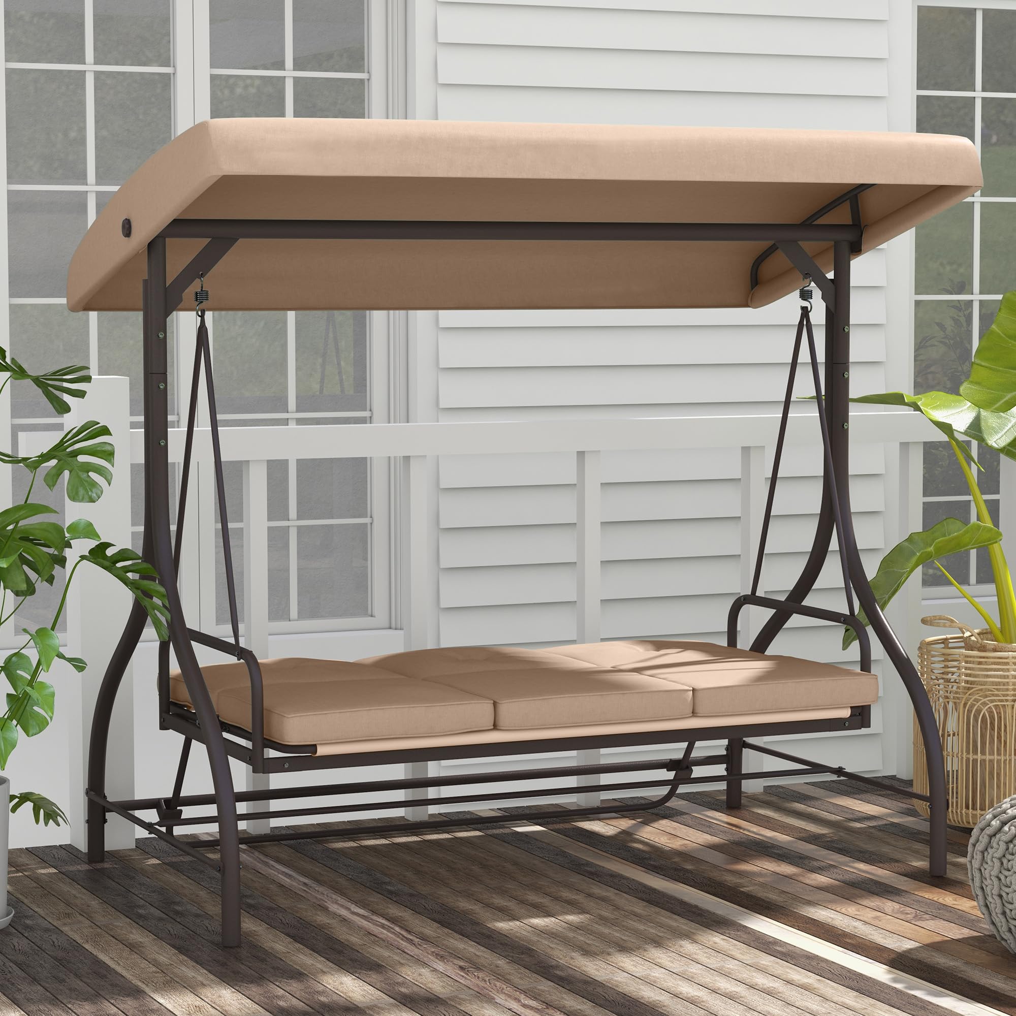 Outsunny Balancelle de Jardin Convertible 3 Places Grand Confort avec Coussins Toit réglable dim. 197L x 120l x 180H cm métal Polyester Kaki