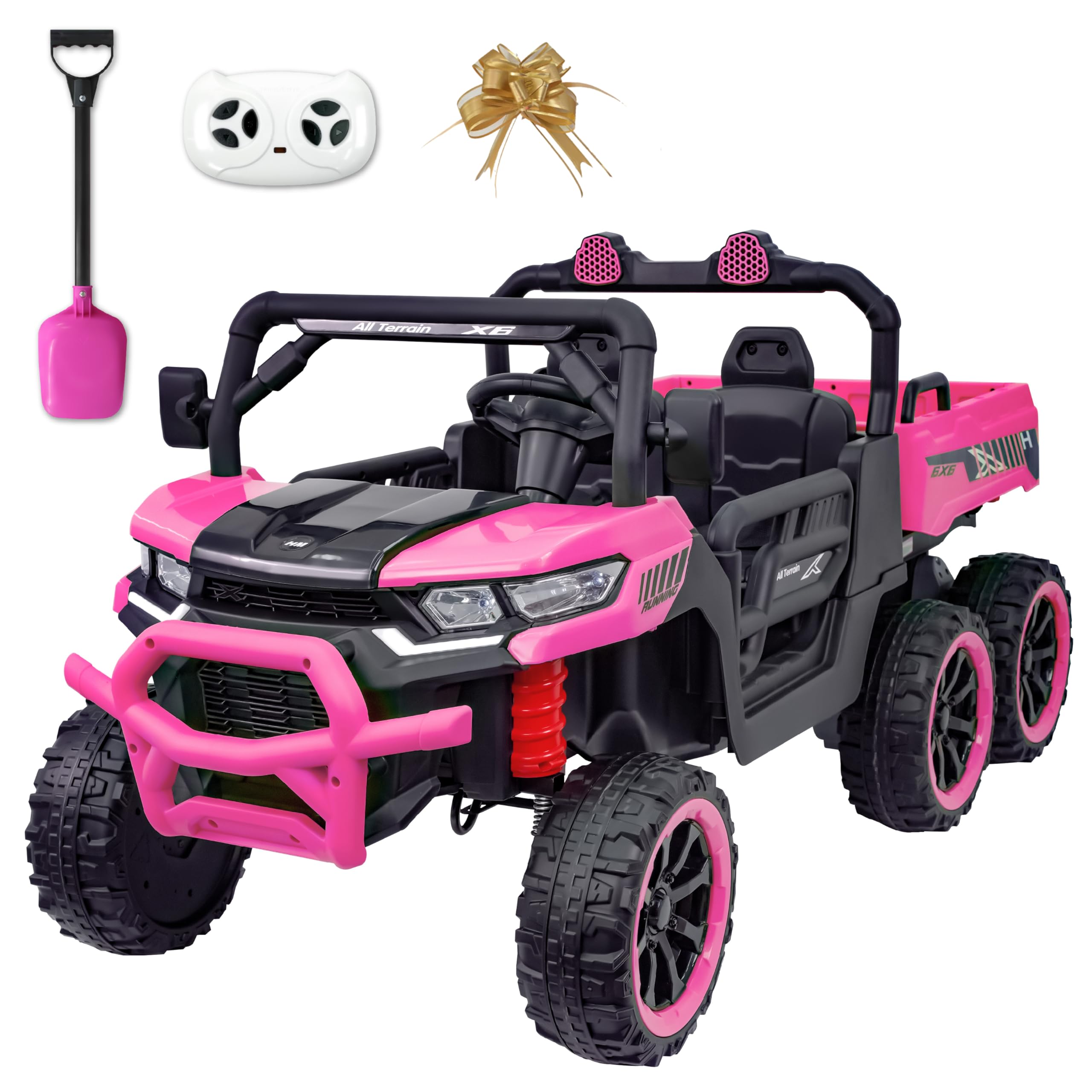 24V 2 Seater 6 Wheels Ride On Dump Truck with Electric Dump Bed, Electric UTV with Remote Control, Shovel, Pull Bow, Music Player for Girls-Pink