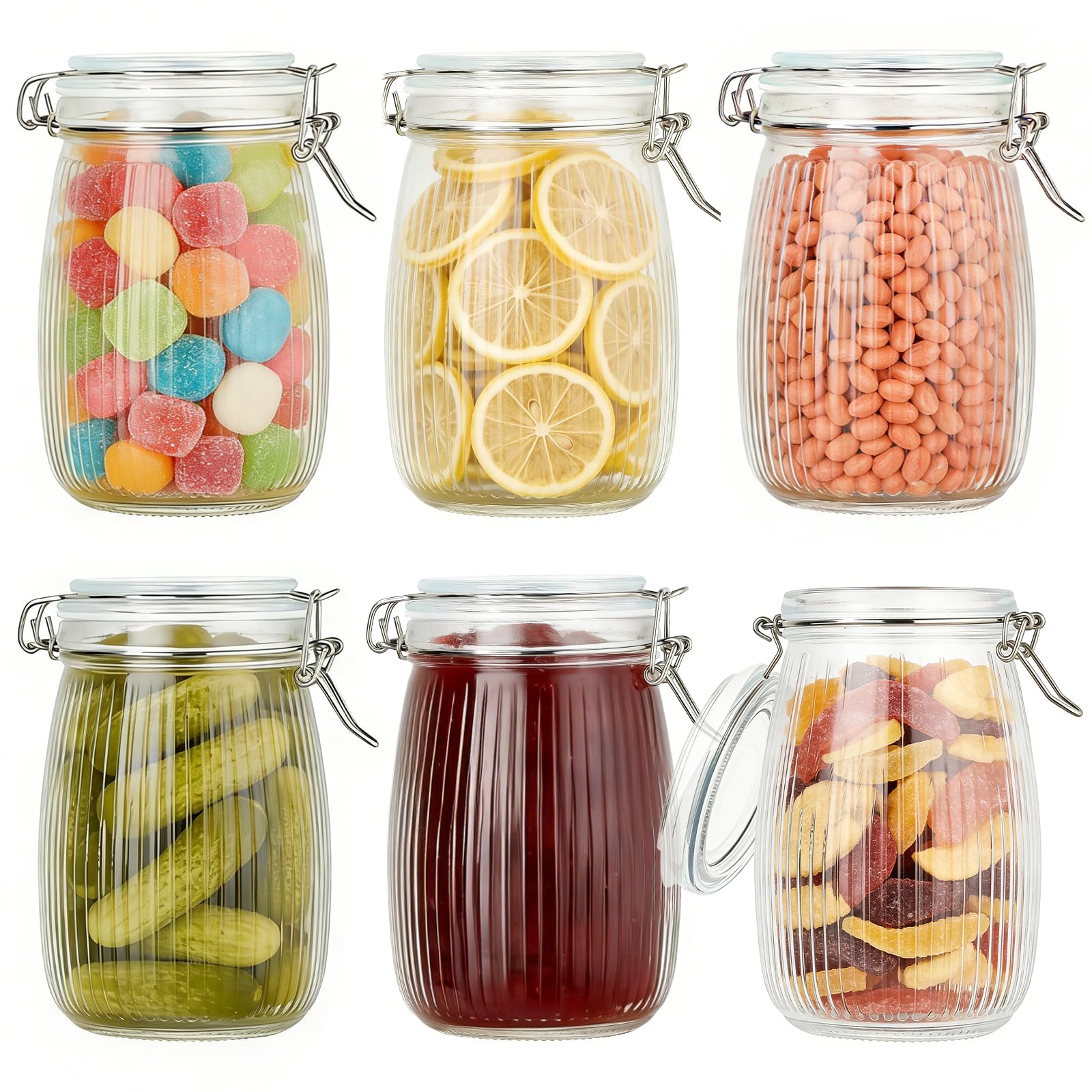 autumndeer Clip Top Glass Jar 1 Litre, 6 Pack Airtight Glass Jars with Airtight Metal Clip Lid, Large Mason Jars, Kitchen Storage Container Round Jar, for Coffee Beans, Pickling, Chutney, Jam, Nut