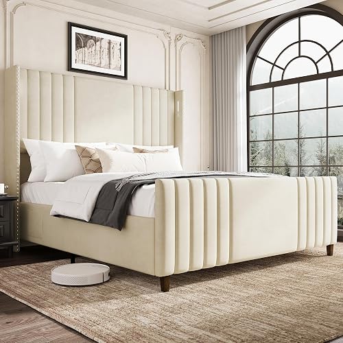 50% off promo code for Belffin 59" Tall Queen Size Platform Bed Frame with 2 Touch Lights, Beige on Amazon