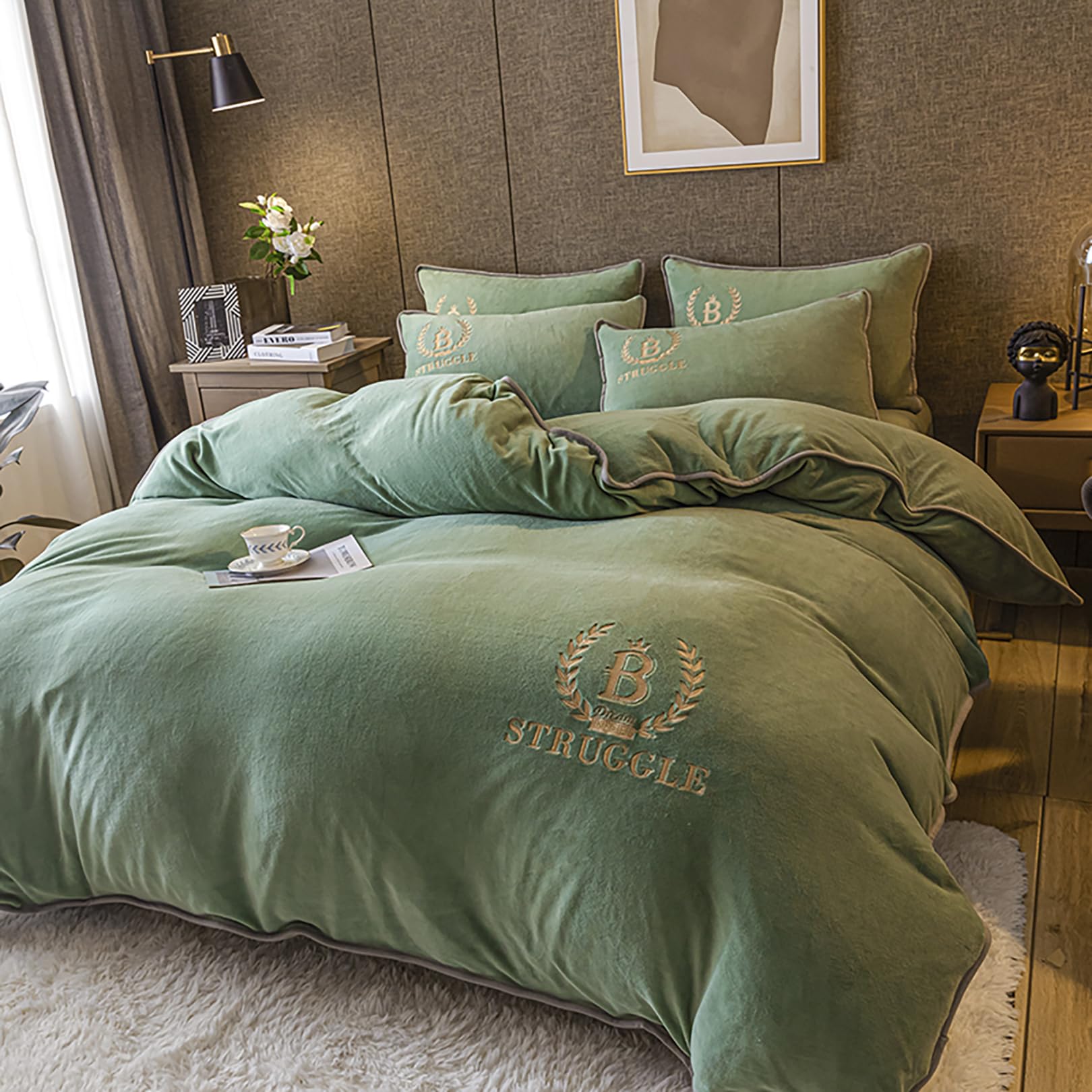 ALEjon Winter Warm Mullido Juego de Funda Nórdica de Franela de 3 Piezas para Cama Doble - Verde, Tamaño 220x240cm, con Cremallera y 2 Fundas de Almohada