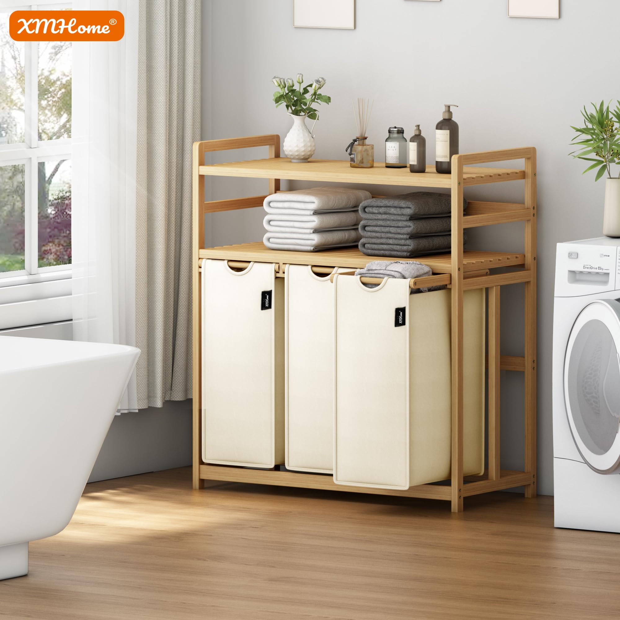 cesto para la ropa sucia con 3 compartimentos de 148 litros de bambú con 2 niveles Gran cesto de lavandería con bolsa extraíble rectangular Caja de lavandería para baño dormitorio y lavandería