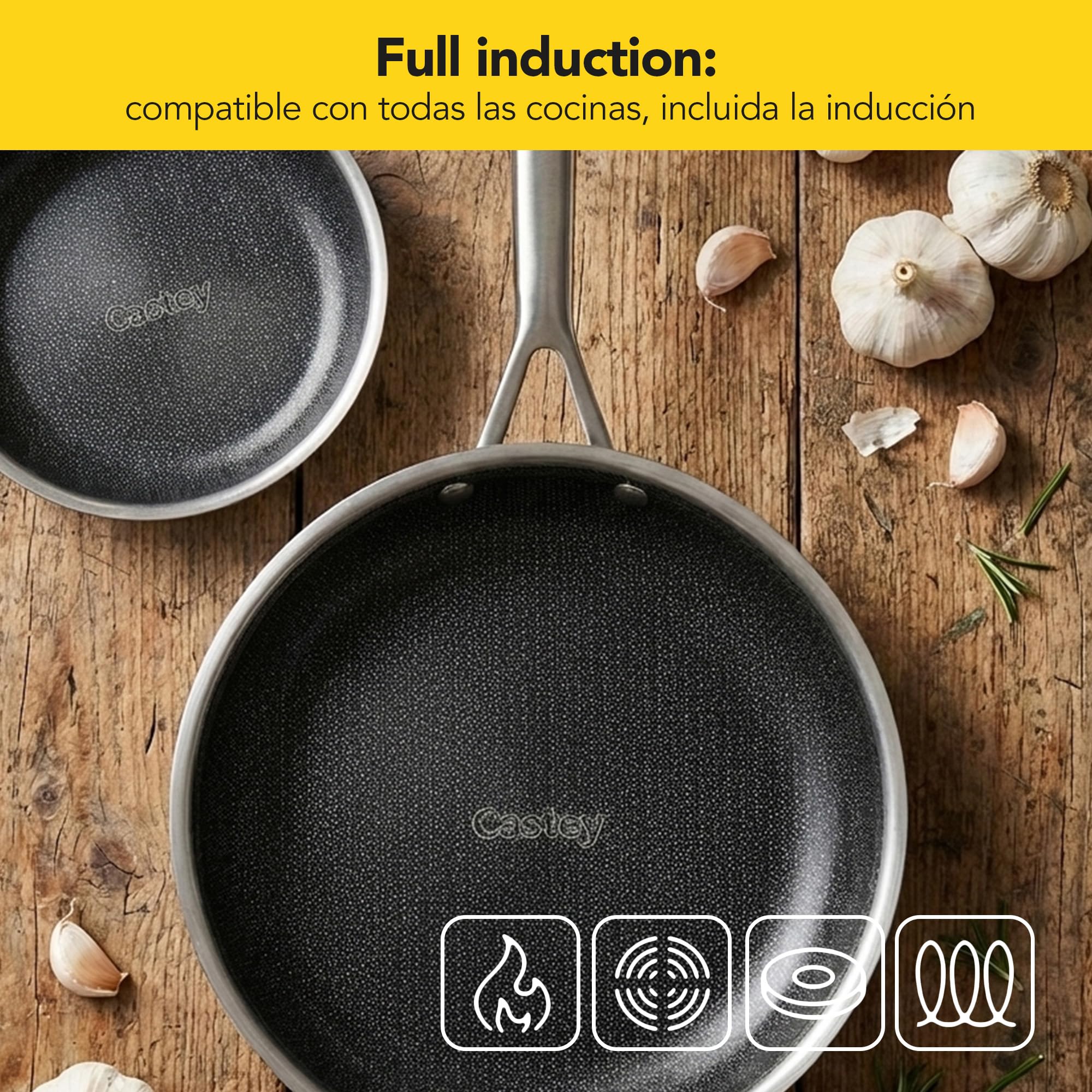 Castey - Sartén de Inducción Malmö Trimetal BeeTech, Modelo MBE-S22, Tamaño 22 cm, Acero Inoxidable 18/10 y Mango Ergonómico, Revestimiento Cerámico BeeTech Sin PFAS, para Todas las Cocinas