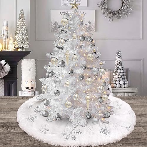 Miniatura 9 de Sofevaim Mini falda blanca para árbol de Navidad, adornos de árbol de piel sintética de 15 pulgadas con copos de nieve de lentejuelas plateadas para