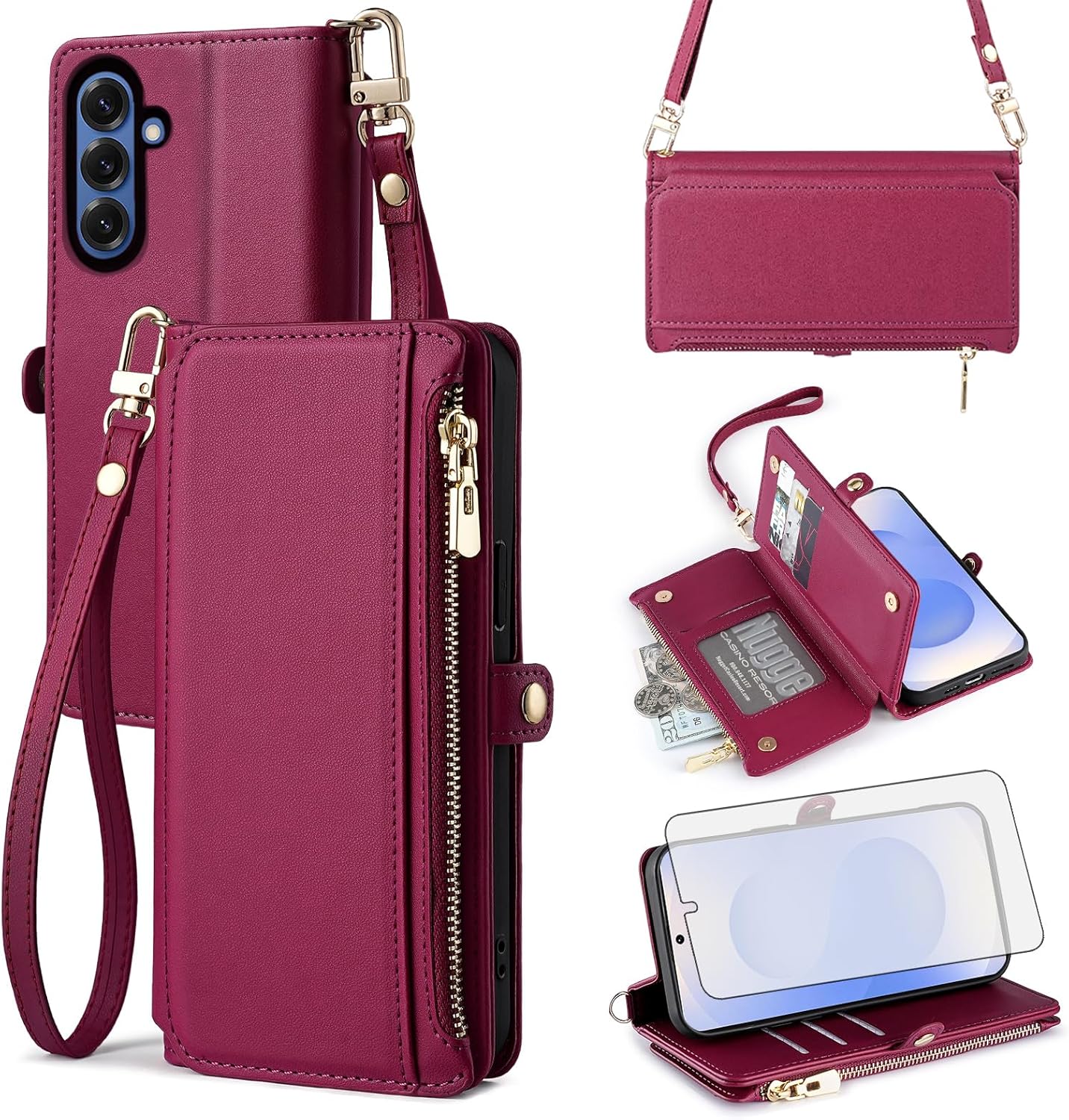 Asuwish Phone Case for Samsung Galaxy S25 5G Wallet Zipper Cover with Tempered Glass Screen Protector and Wrist Strap Card Holder Slot Flip Cell Accessories S 25 25S 25 25S SM-S931U Women Men Wine Red