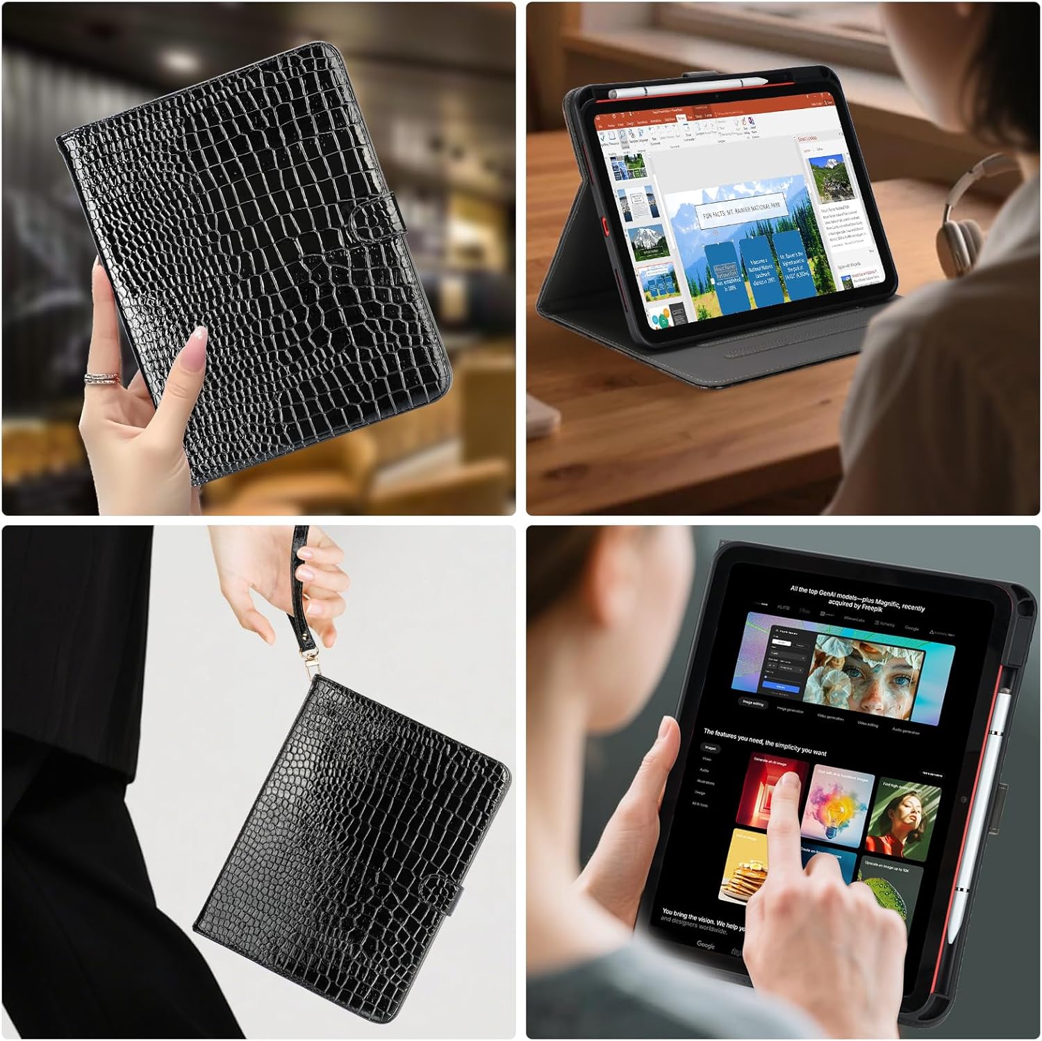Elegant Crocodile PU Leathe Case for iPad (A16) 11th Gen 11 Inch 2025/iPad 10th Generation 10.9" 2022–Tablet Cover with Pencil Holder, Wrist Strap & Auto Sleep/Wake& Card Slots (A-Black)