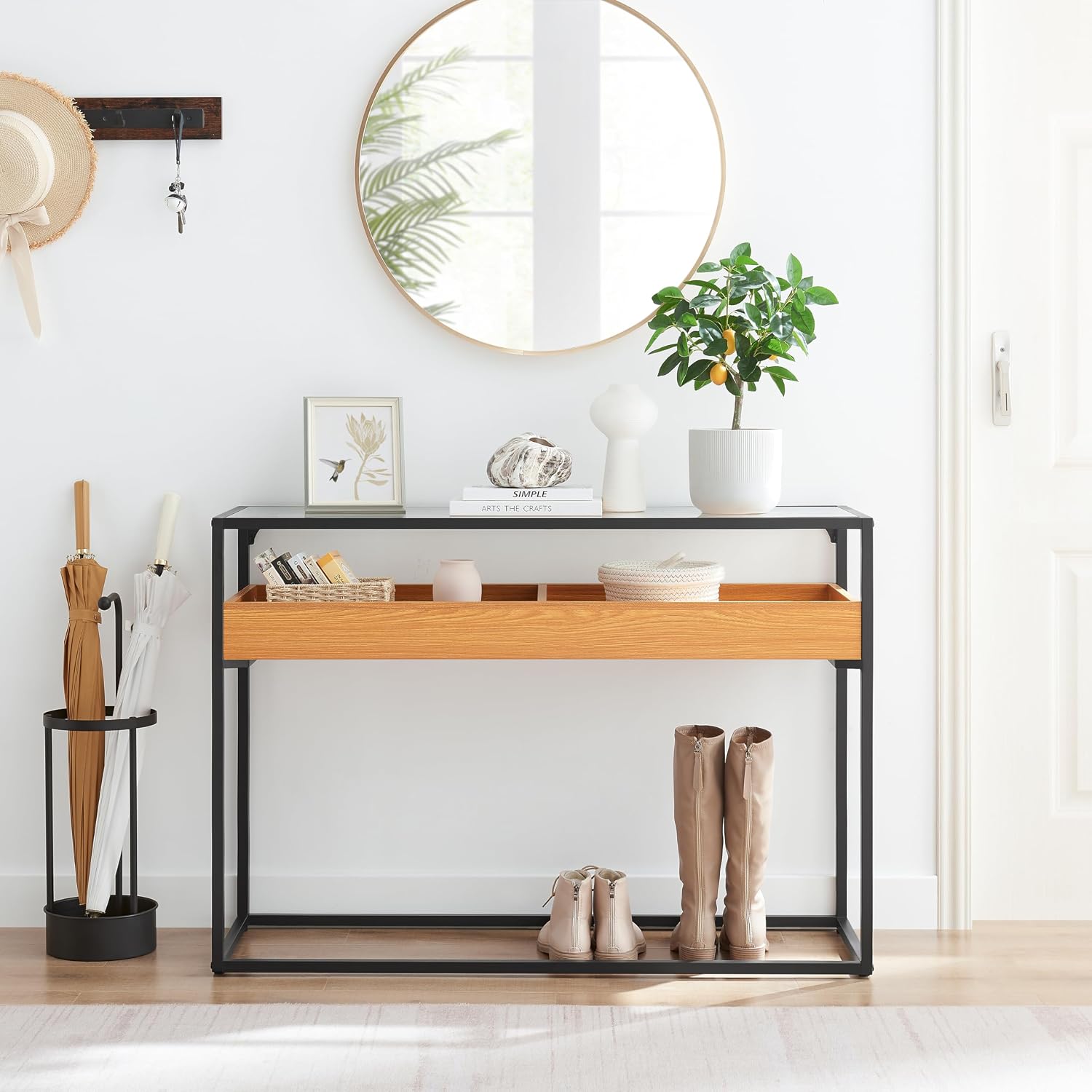 Danya B. Saarinen Two-Level Modern Sunken Glass Display Shelf Rectangle Console Table or Coffee Table - Golden Oak (Console Table)