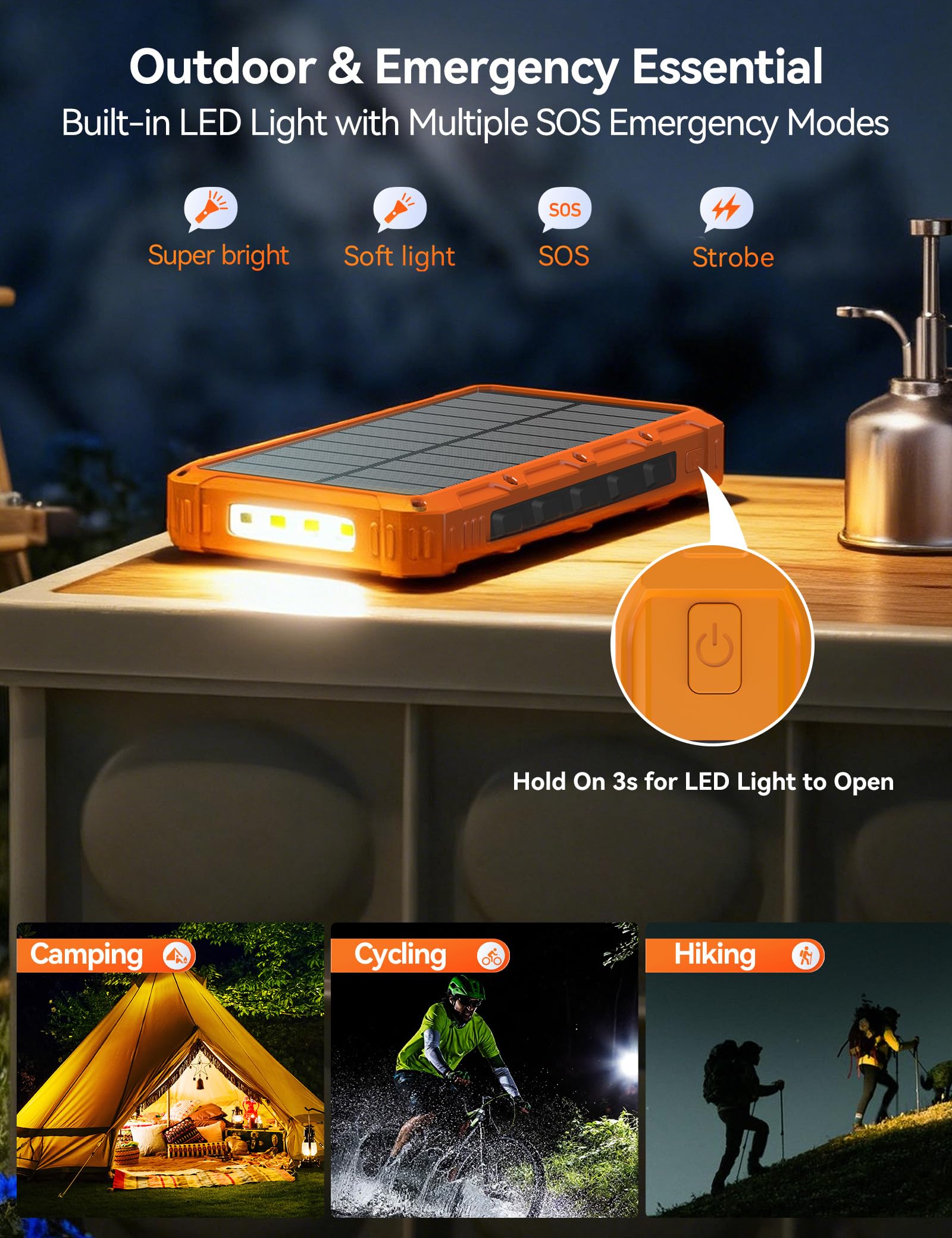 Caricabatterie solare Power-Bank – 20000 mAh, caricabatterie a energia solare, 20 W di ricarica rapida con cavi integrati, batteria esterna portatile da campeggio compatibile con più dispositivi