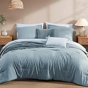 Monbix King Size Comforter Set - 7 Pieces Dusty Blue Prewashed Bed in a Bag King Bedding Sets with Comforters, All Seasons Ultra Soft Comforter Bed Set with Sheets,Pillowcases & Shams