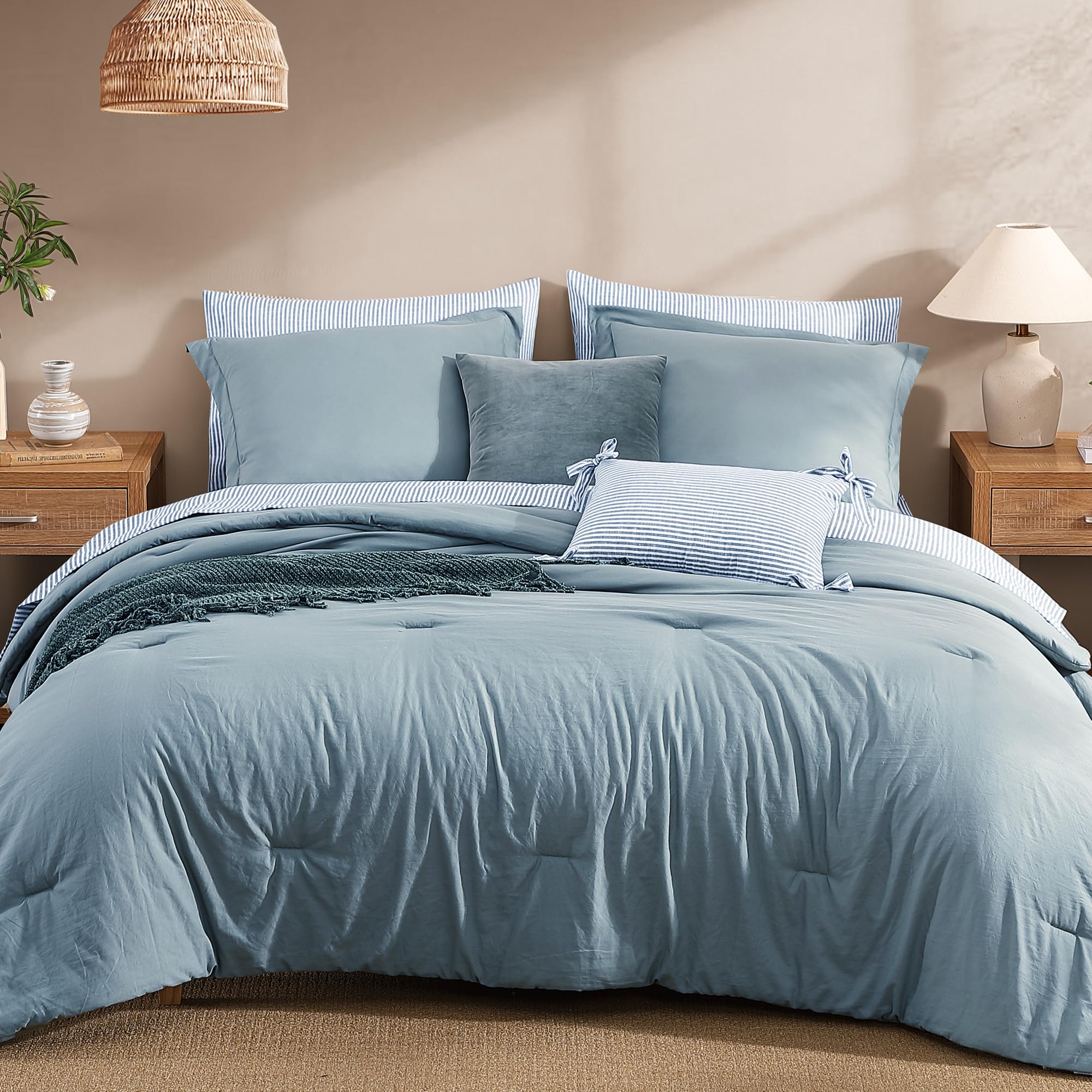 Monbix Queen Comforter Set - 7 Pieces Dusty Blue Prewashed Bed in a Bag Queen Bedding Sets with Comforters, All Seasons Down Alternative Comforter Bed Set with Sheets,Pillowcases & Shams