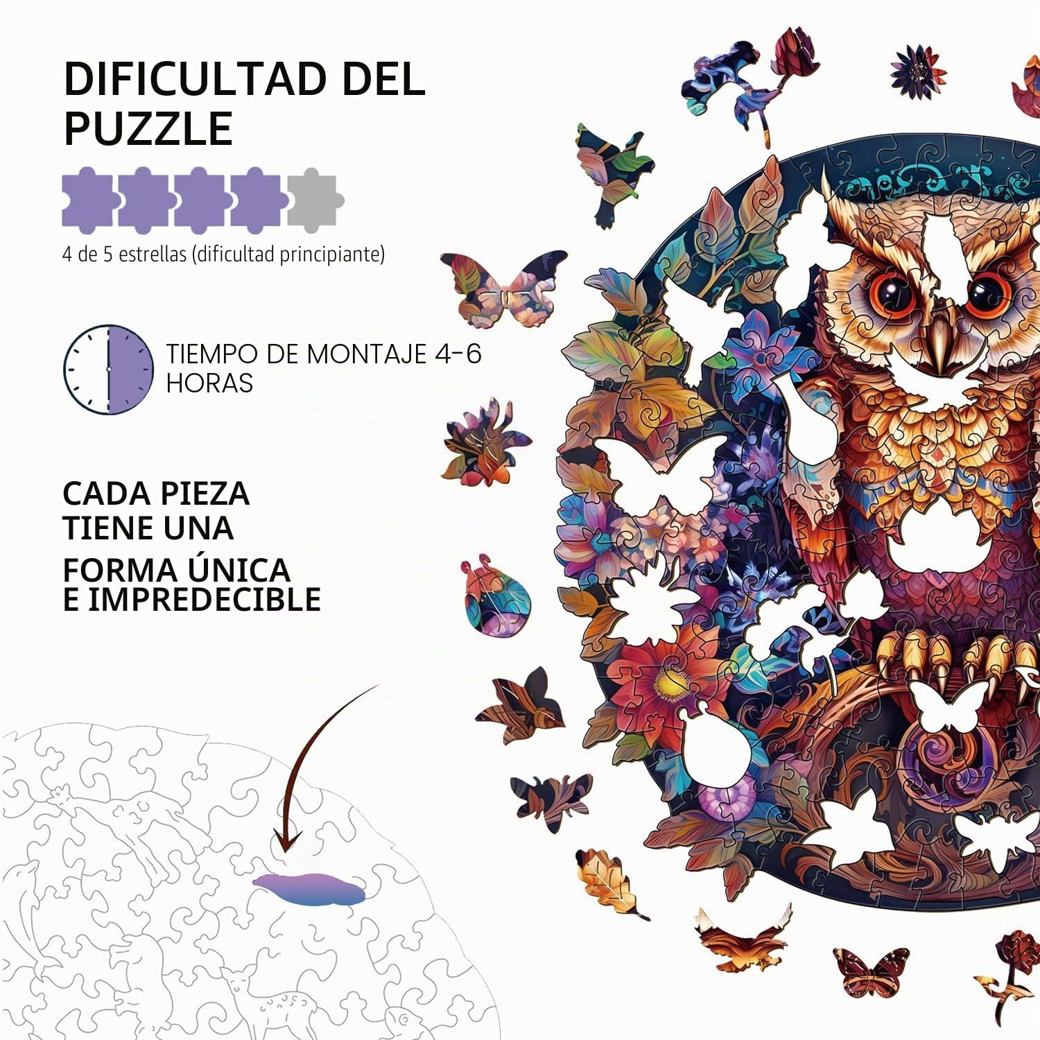 Jigfoxy Puzzle de madera para adultos, rompecabezas de búho para adultos, 270 piezas, L, Animalista, 18+ años, 1-4 jugadores, Jigsaw, PUZZLES, Madera, 34 x 33.9 cm