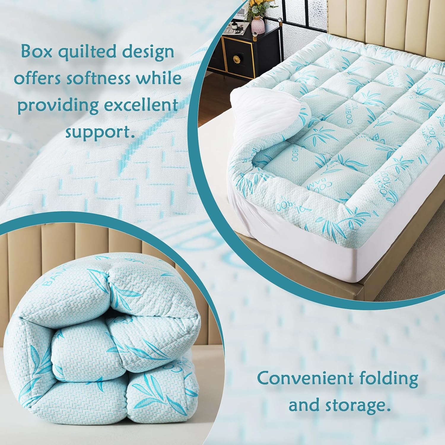 WhatsBedding 5 Inch Queen Mattress Topper Breathable Bamboo Viscose Air Layer,Memory Foam Mattress Topper Queen Size Blue.