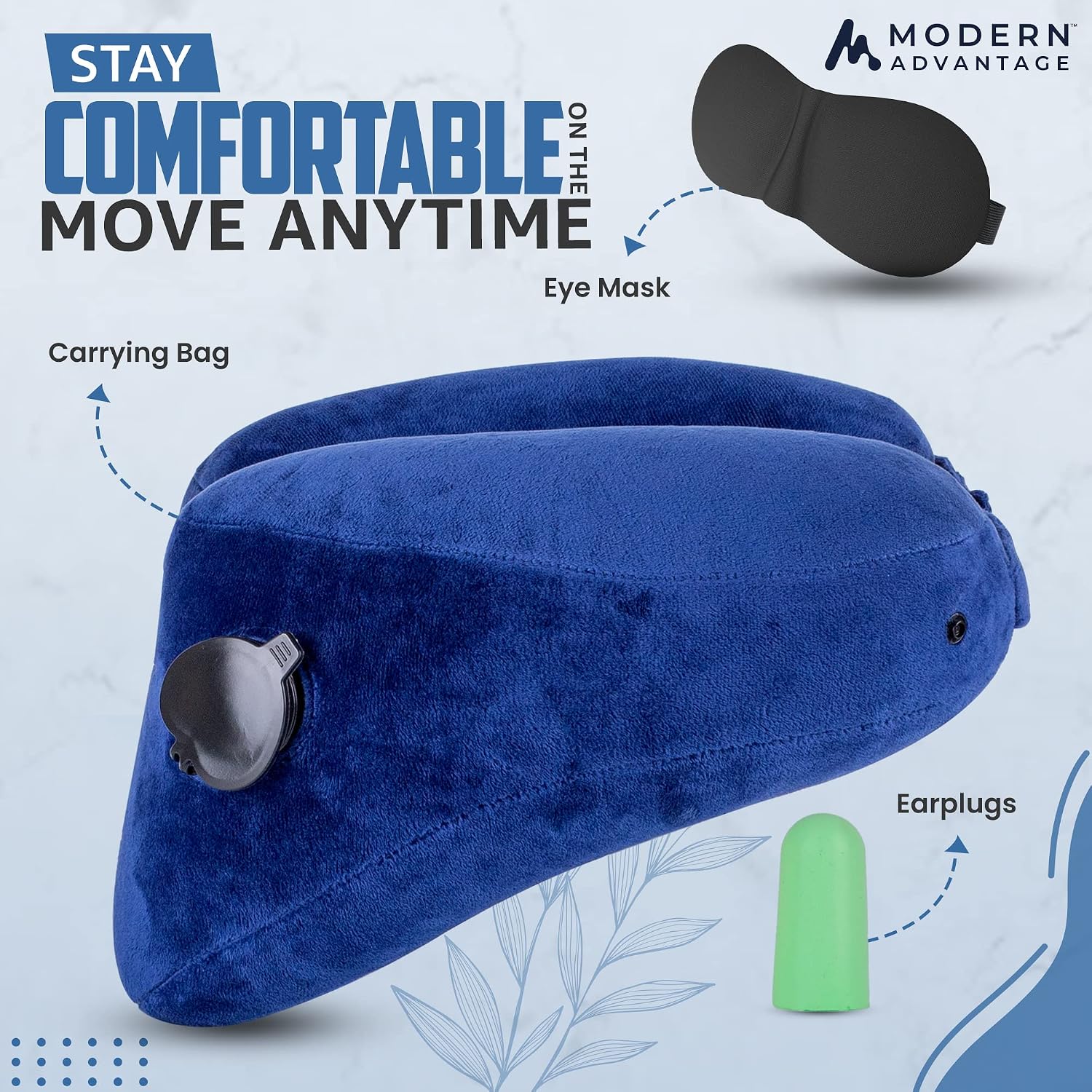 Modern Advantage Inflatable Travel Neck Pillow - Traveling Support for Head, Neck, Chin, and Shoulder When Sleeping on Airplane, Train, Car, Bus - Compact, Easy to Inflate and Deflate (Blue)