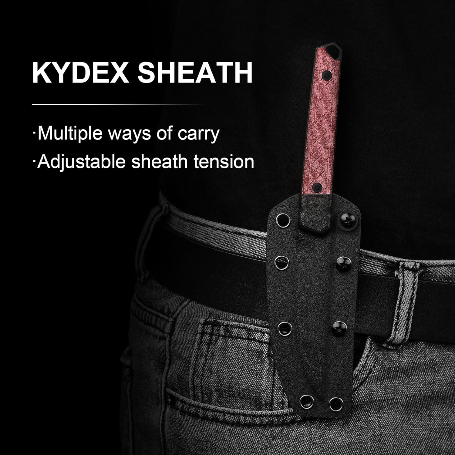 Kizer Kwaiken Fixed Blade Knife, 3.94" D2 Steel Hunting EDC with Red Denim Micarta Handle, Survival Knife with Adjustable Sheath for Hiking Camping Outdoor Knives 1066A1 - Image 7