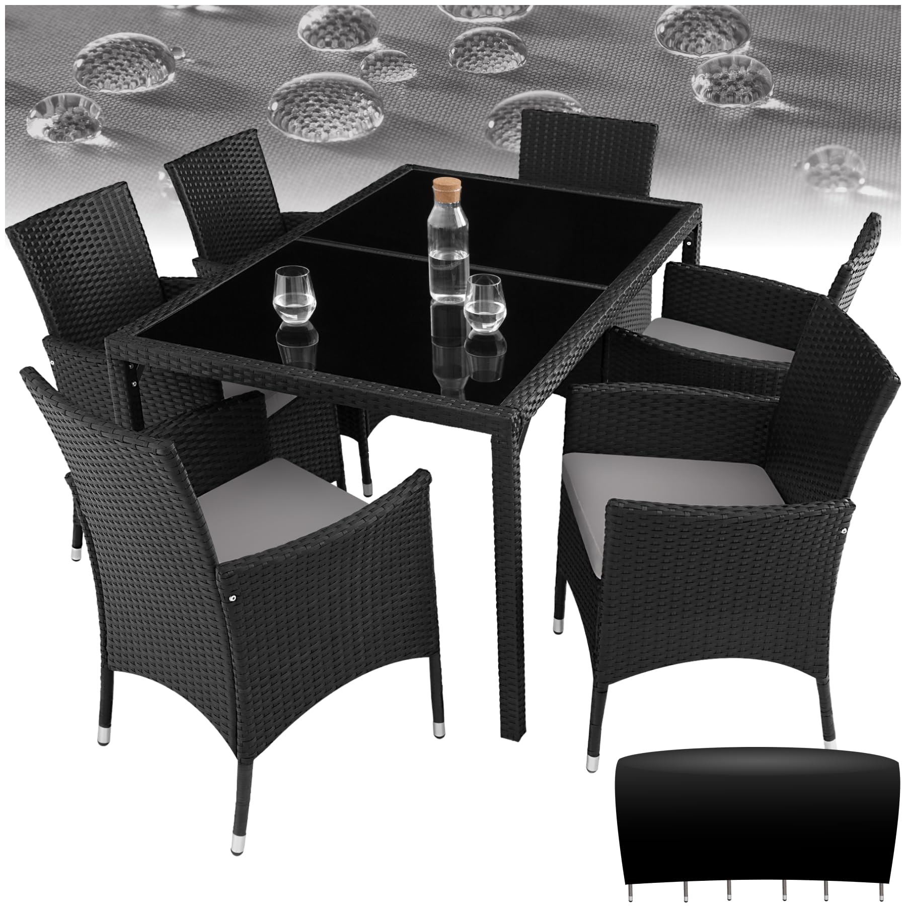 TecTake® Conjunto Jardín Exterior de Ratán y Aluminio, Muebles Jardín Exterior Resistentes a Intemperie, para hasta 6 Personas, con Tornillos de Acero INOX. y Funda Protectora - Negro/Gris