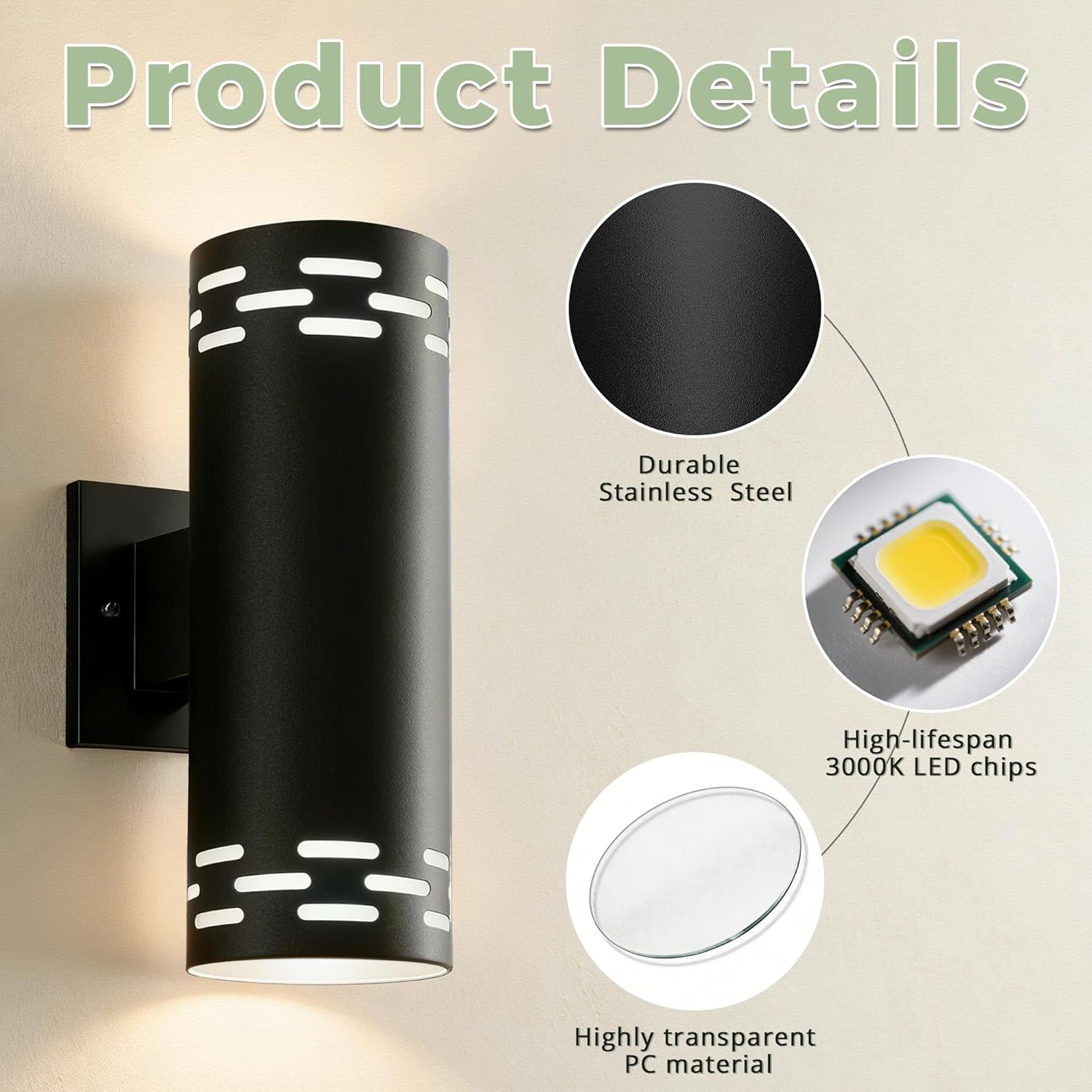 Dusk to Dawn Modern Outdoor Wall Lights 2 Pack, 12'' Up and Down Integrated LED Cylinder Exterior Lighting Fixtures, 23W 3000K IP65 Waterproof Wall Sconces for House, Garage, Patio, Porch, Black
