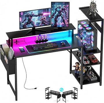 Gaming Desk 47 Inch Computer Table with Storage Shelves & Monitor Stand