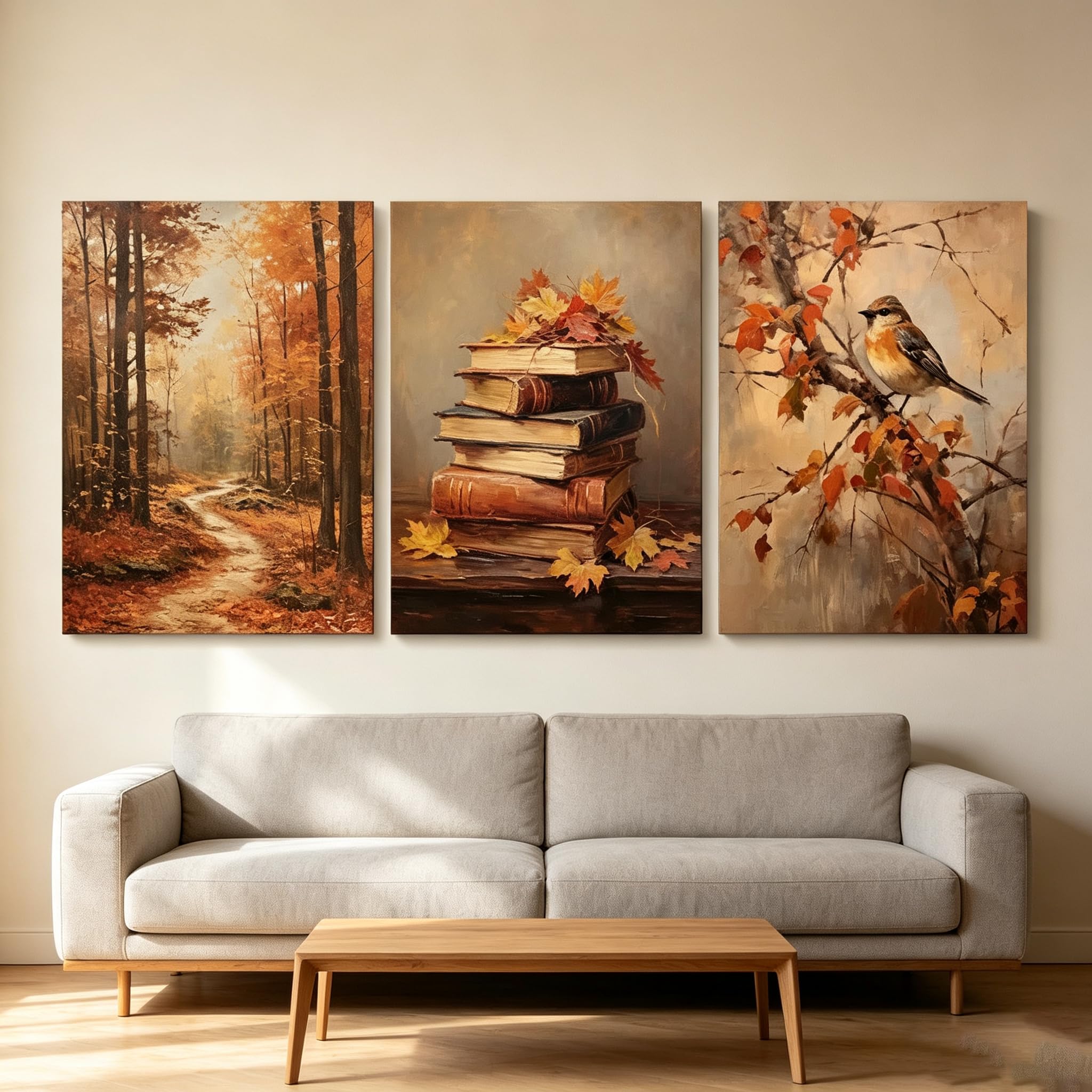 ZBELLO Set of 3 Posters, Autumn Forest With Books and Birds, Abstract Wall Art, Modern Aesthetic Autumn Landscape Canvas Prints, for The Living Room or Bedroom, Unframed (40x50cm)