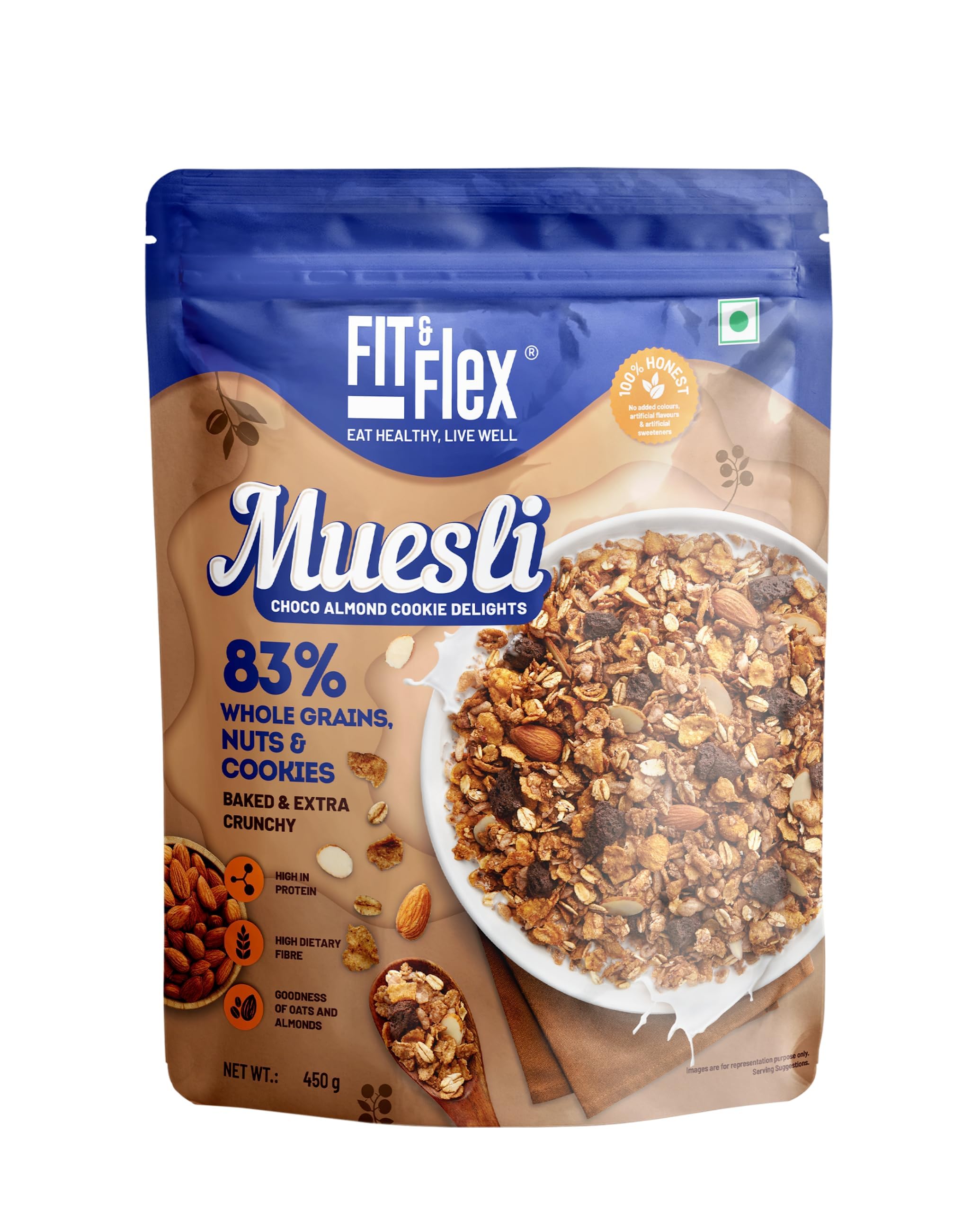 FIT & FLEX Baked Crunchy Mixed Fruit Granola (450 g) And Choco Almond Cookie Muesli (450 g) - As Seen on Shark Tank India - 900 g (Breakfast Combo Pack of 2) 3