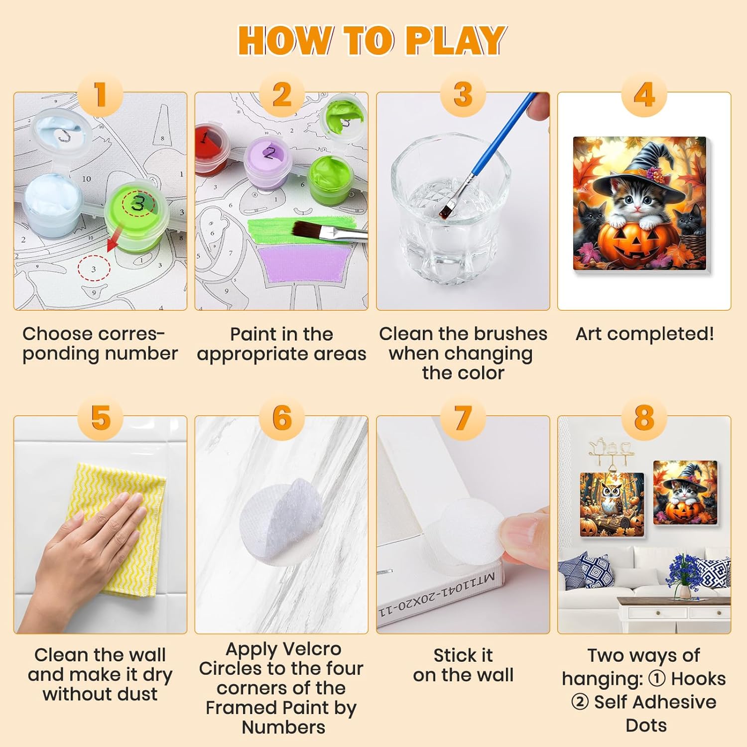 Bowetile 4 Pack Fall Framed Paint by Numbers for Adults Beginners, Easy Adults' Paint-by-Number Kits on Canvas, Acrylic Animals Number Painting Crafts Kits Halloween Gifts for Home Decor, 8x8in