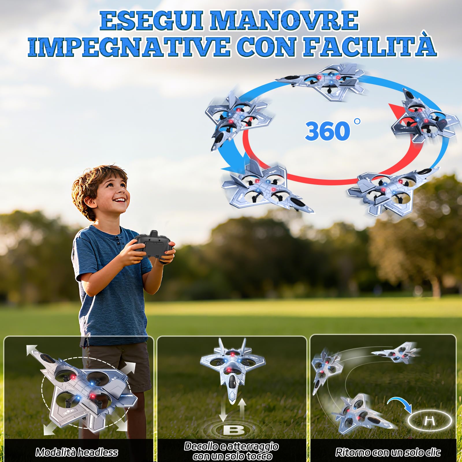 Charmofun Aereo Telecomandato, 2,4 GHz Aereos RC Aereo Radiocomandato-3 Batterie, Luci, 360° Rotazione, Altitudine Fissa, Modalità Senza Testa, Aereos Giocattolo Regalo per Bambini e Principianti
