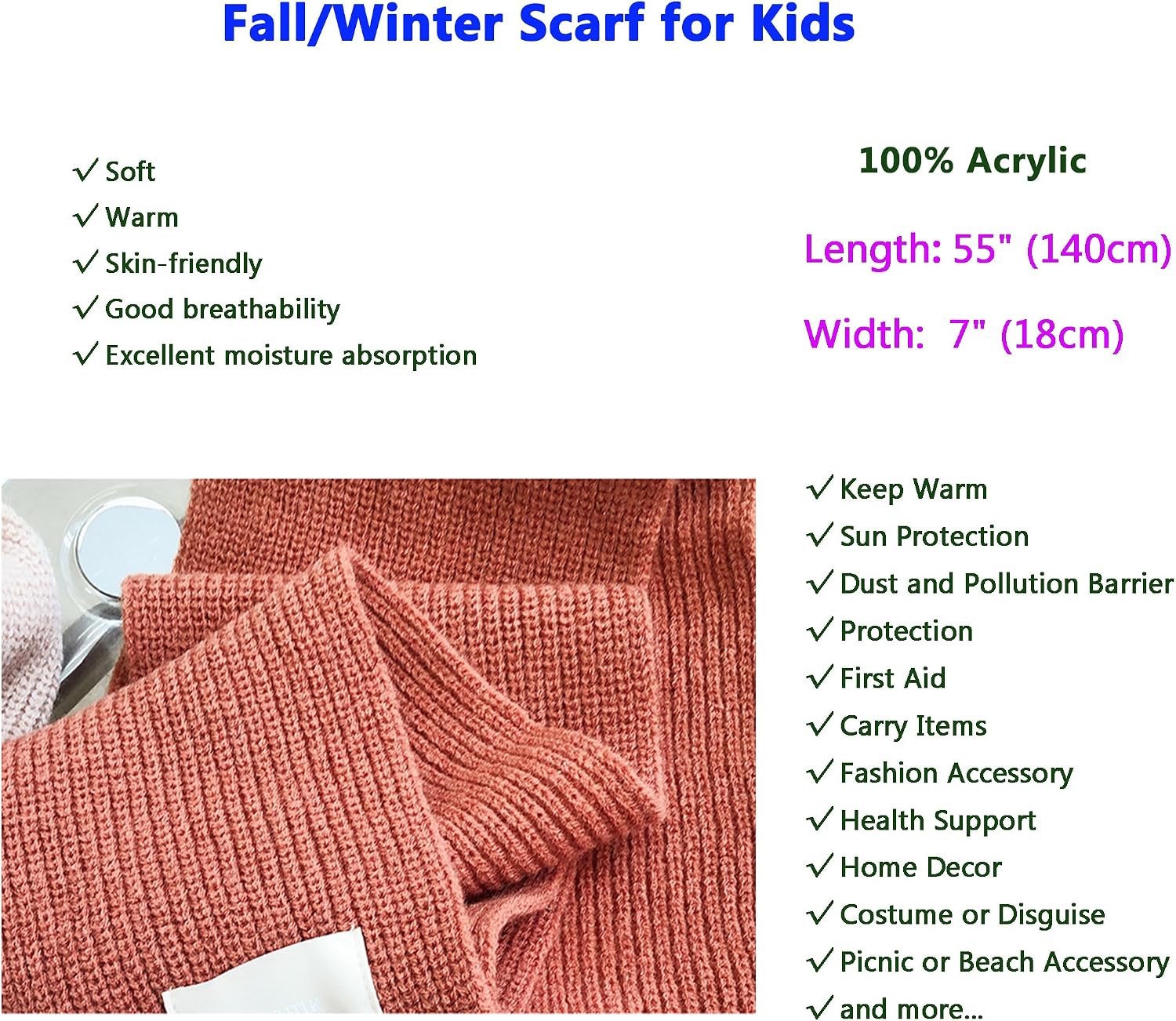 Kids Winter Scarf Knitting Acrylic Warm Soft Scarves Neck Protective Accesories for Teenagers Boys Girls 3-8Y