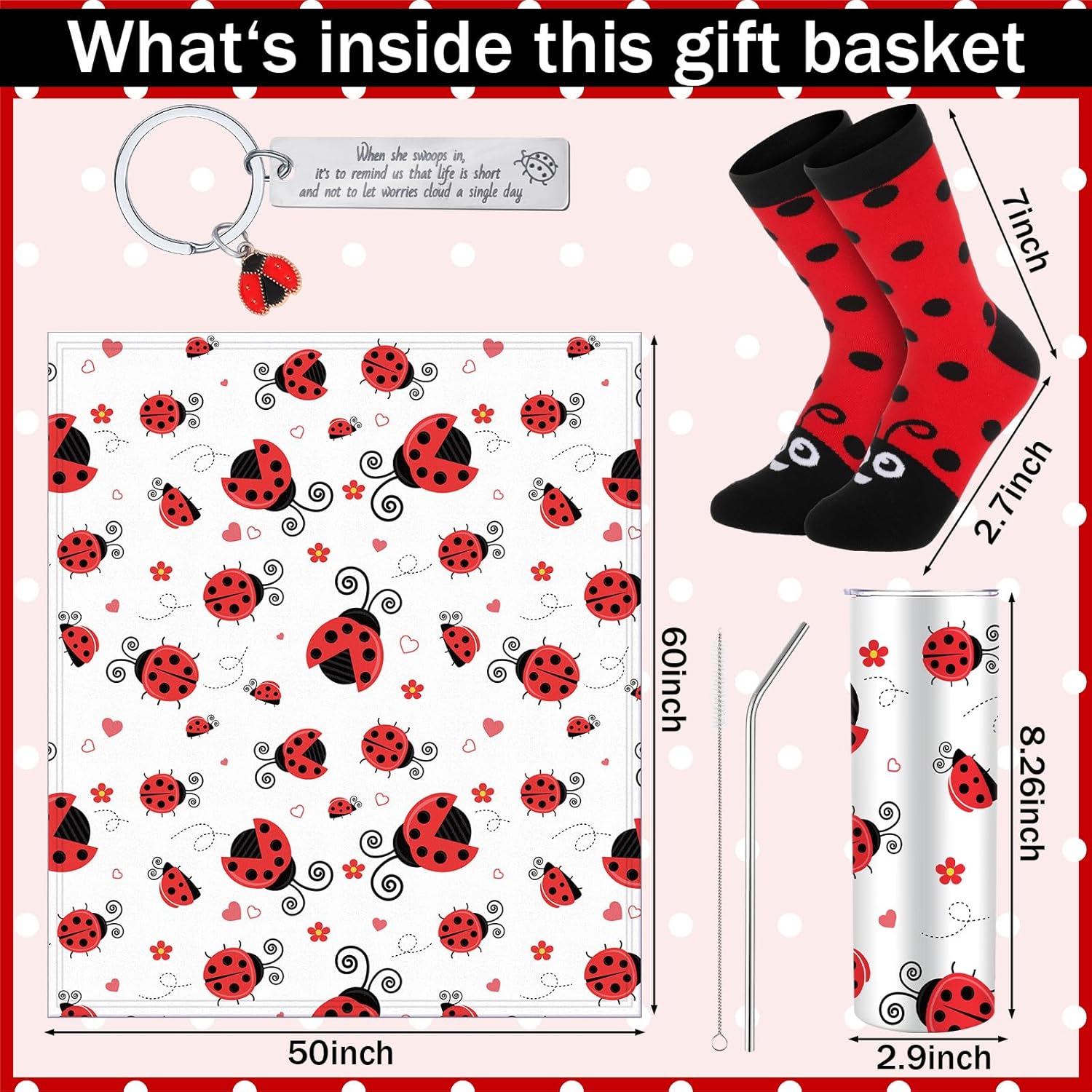 Patelai 4 Pcs Ladybug Gift Set 20 oz Stainless Steel Tumbler with Straw Lady Bug Pattern Flannel Throw Blanket Novelty Sock Inspirational Keychain Gift for Woman Men Ladybug Lovers - Image 2