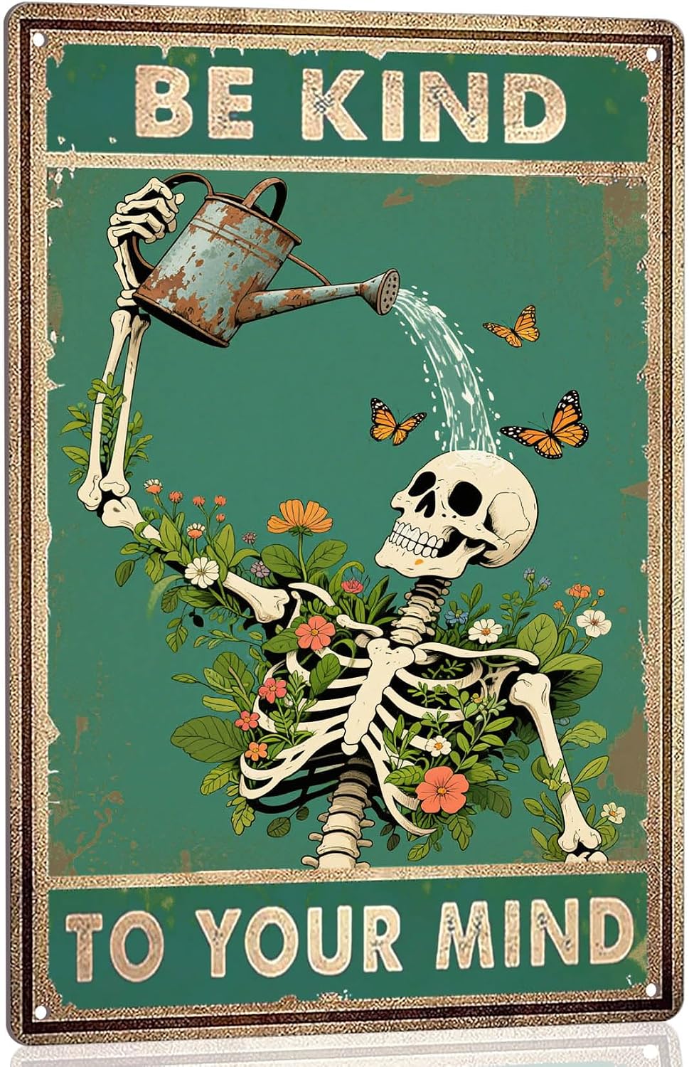Be Kind to Your Mind Sign - Inspirational Metal Signs Vintage Skull Decor Retro Skeleton Poster Boho Wall Decor for Home, Office, Garden, Mental Health Wall Art Gift 8×12 Inch