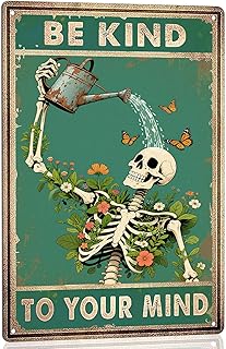 Be Kind to Your Mind Sign - Inspirational Metal Signs Vintage Skull Decor Retro Skeleton Poster Boho Wall Decor for Home, Office, Garden, Mental Health Wall Art Gift 8×12 Inch