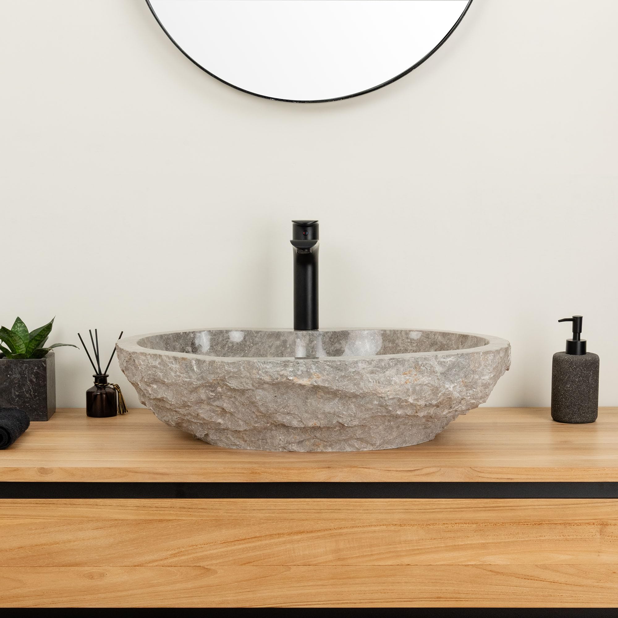 Marmor Aufsatz Waschbecken Erosi 60 cm Hahnloch grau Naturstein Bad Wohnfreuden