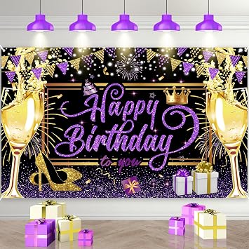 Purple Black Gold Happy Birthday Banner, Purple and Black Birthday Party Decorations Backdrop for Women Girls Large Bday Sign Glitter Gold Bday Banner Background Photo Backdrop 71x 43.3 Inches