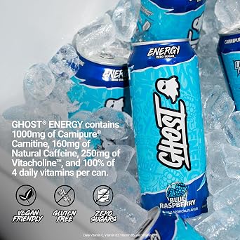 GHOST Sugar-Free Energy Drink - 12-Pack, Blue Raspberry, 500ml Cans - No Artificial Colours - 160mg Natural Caffeine, L-Carnitine & Taurine - Gluten-Free & Vegan Fizzy Drinks