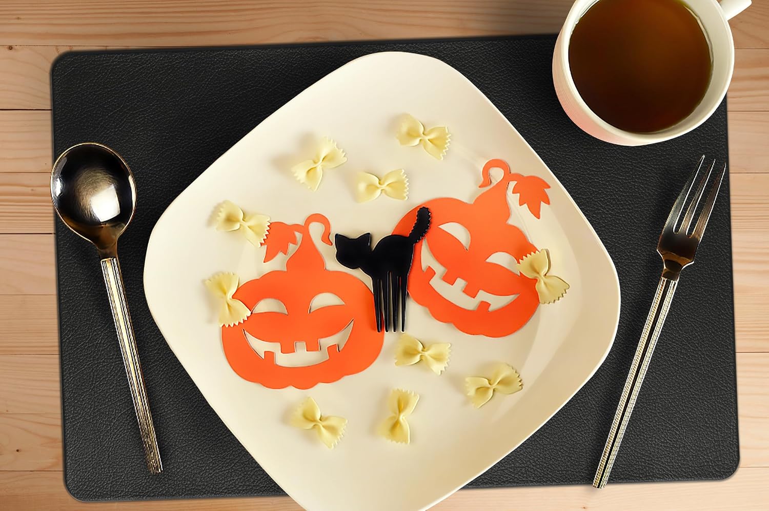 Faux Leather Halloween Placemats HeloHo Black Table Place Mats Set of 4 Waterproof Oilproof Heat Stain Resistant Placemats Washable Wipeable Placemat for Kitchen Dining Table Decoration Indoor Outdoor image 4