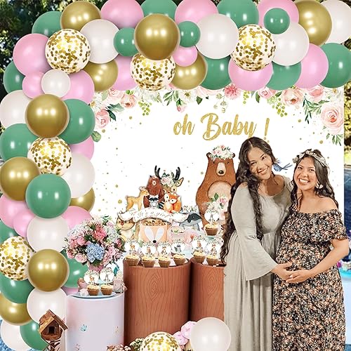 Miniatura 4 de Decoraciones de baby shower de animales del bosque para niñas, kit de arco de guirnalda de globos de criaturas del bosque, telón de fondo "It's a