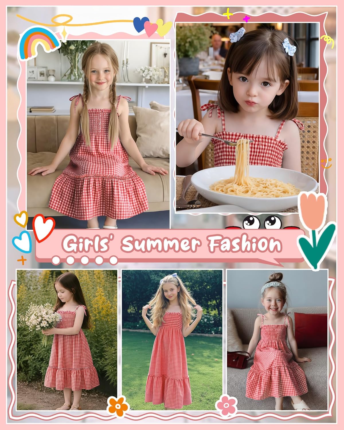 Girls Plaid Dress Gingham Sleeveless Checkered Flowy Cami Strap Dress Casual Check Sundress for Kids 5-14 Years