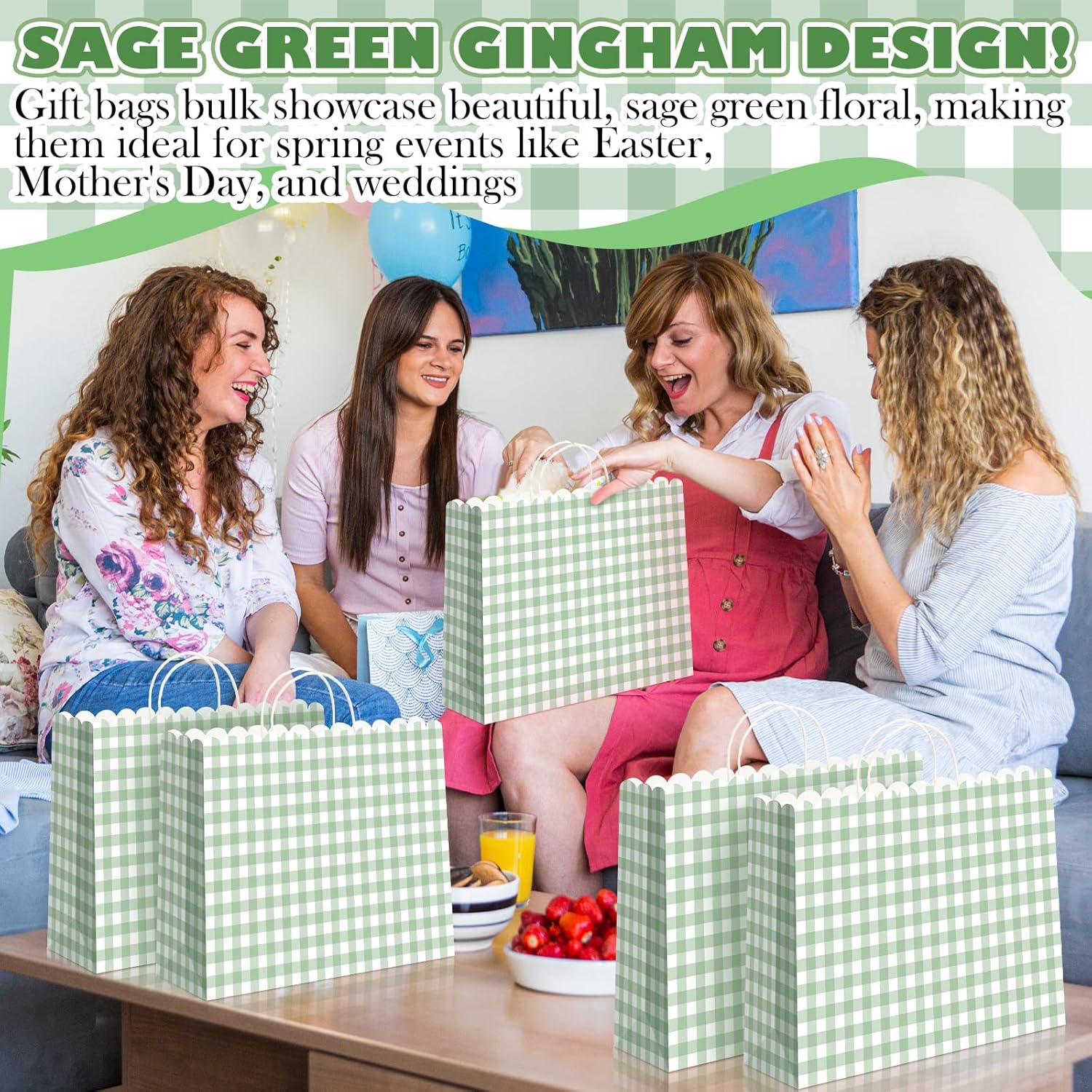 Kolldenn 24 Pcs Gingham Party Supplies Green and White Gift Bags 16 x 12 x 6 Inch Kraft Paper Checkered Plaid Candy Goodie Party Favors Bags for Easter Picnic BBQ Birthday Baby Shower Wedding - Image 4