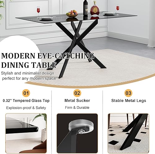 Miniatura 174 de Mesa de comedor de cristal de 51 pulgadas para 4, mesa de comedor rectangular contemporánea con parte superior de vidrio templado y patas de acero