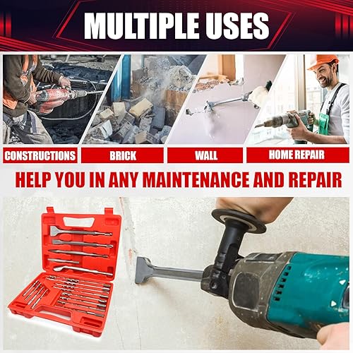 Miniatura 6 de Juego de brocas de mampostería de martillo giratorio y cinceles, 17 piezas, juego de brocas SDS Plus, apto para taladrar y cortar en hormigón,