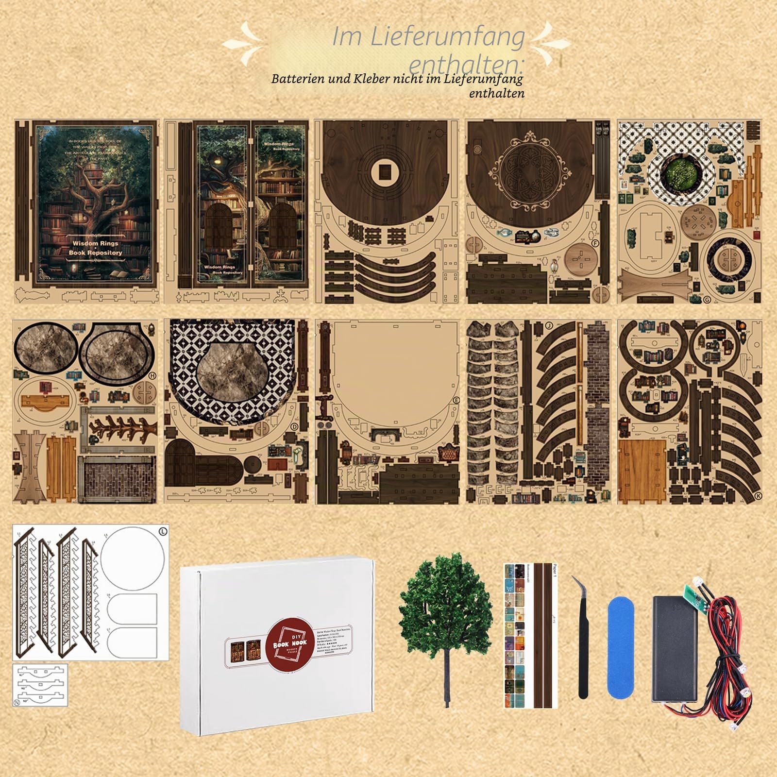 Book Nook Kit Profi DIY Holz Bücherregal Einsatz mit LED Licht – 3D Miniatur Bibliothek mit Doppel-Spiral-Treppe, Anspruchsvolles Holzpuzzle für Erwachsene, Sammler Booknook (Jahresringe der Weisheit)