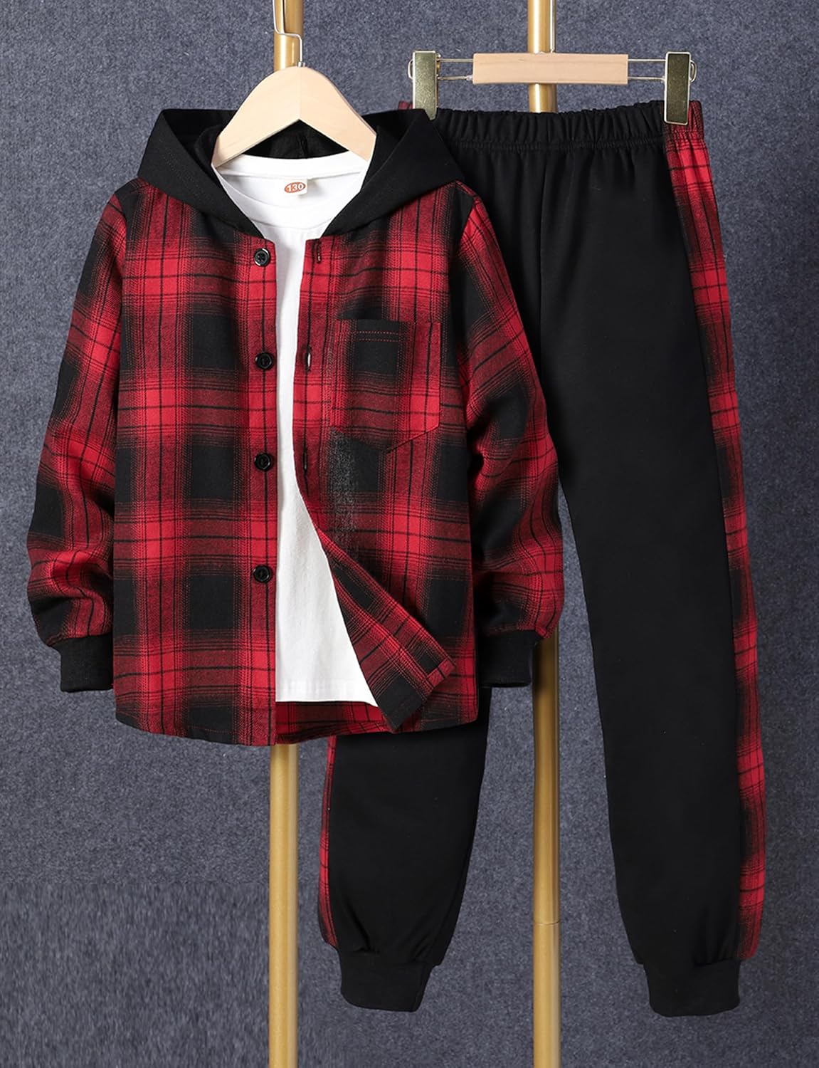 Boys Two Piece Outfit Clothes Plaid Front Button Down Hoodie Sweatshirt and Jogger Sweatpants Sets - Image 2