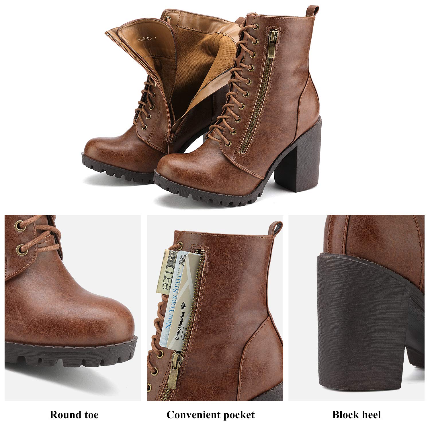 DREAM PAIRS Botines de combate para mujer, de tacón grueso, con cordones, a la moda