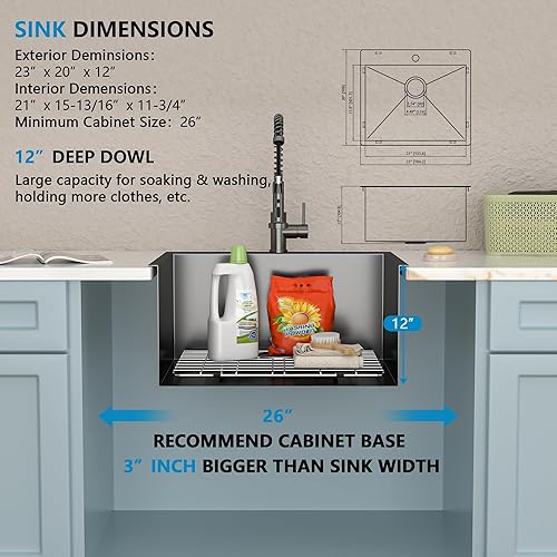 Miniatura 13 de Fregadero de lavandería de 25 x 22 pulgadas, montaje superior, acero inoxidable T304, calibre 16, 12 pulgadas de profundidad, fregadero individual