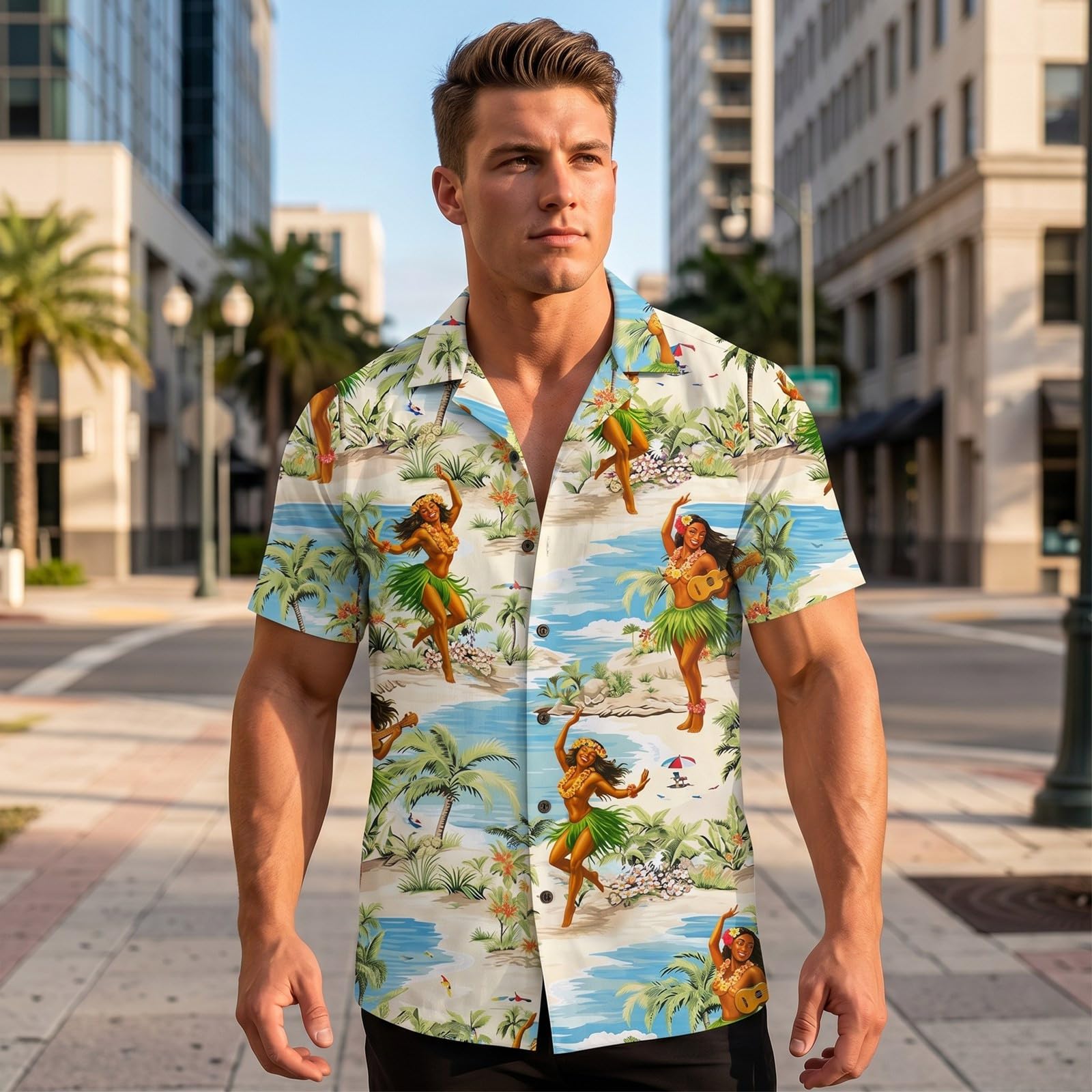 Camisa hawaiana personalizada para hombre con cara y nombre, camisa hawaiana de manga corta para hombre, bolsillo delantero, vacaciones, verano, flamencos, flores, estampado de playa, camisa