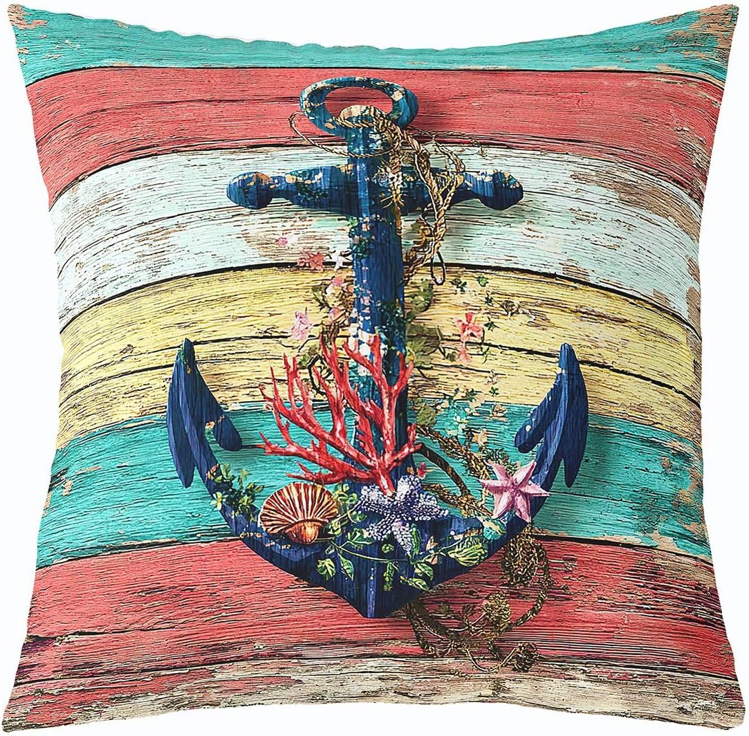 Erosebridal Bohemian Anchor Pillow Cover for Sofa, Boho Starfish Coral Throw Pillow Cover 24x24, Vintage Wooden Board Cushion Cover for Outdoor Patio, Retro Nautical Theme Decorative Pillow Cover