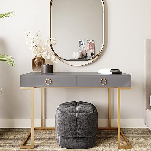 BELLEZE Modern 45 Inch Makeup Vanity Dressing Table or Home Office Computer Laptop Writing Desk with Two Storage Drawers, Wood Top, and Gold Metal Frame - Chelsea (Gray)