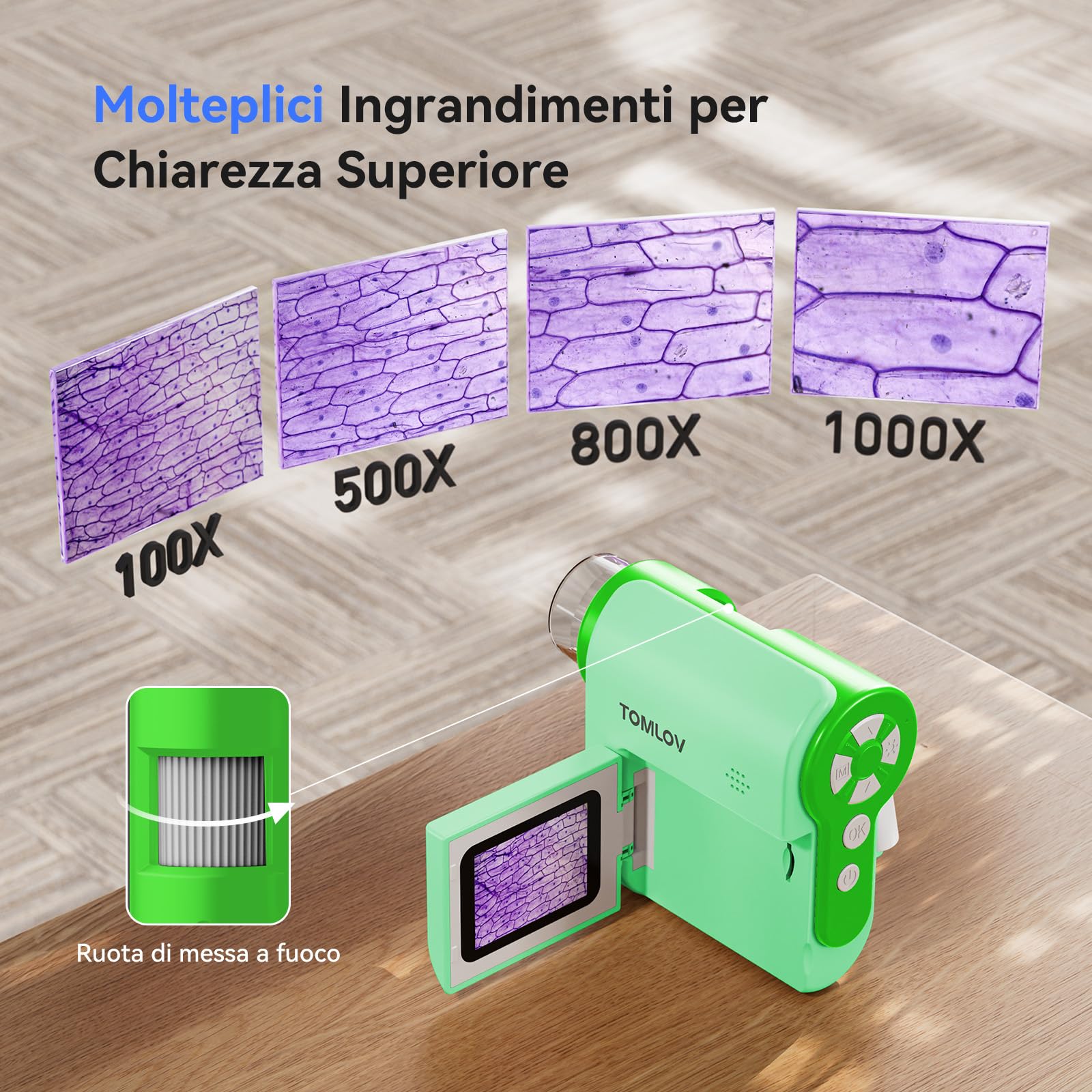 TOMLOV P20 Microscopio Digitale Portatile, Miniscopio 3-in-1 per Bambini, Telecamera DV 1080P con Schermo LCD da 2", Compatibile con PC, 4 Ore di Autonomia, 6 Luci LED, 6 Vetrini, 32GB (Verde)